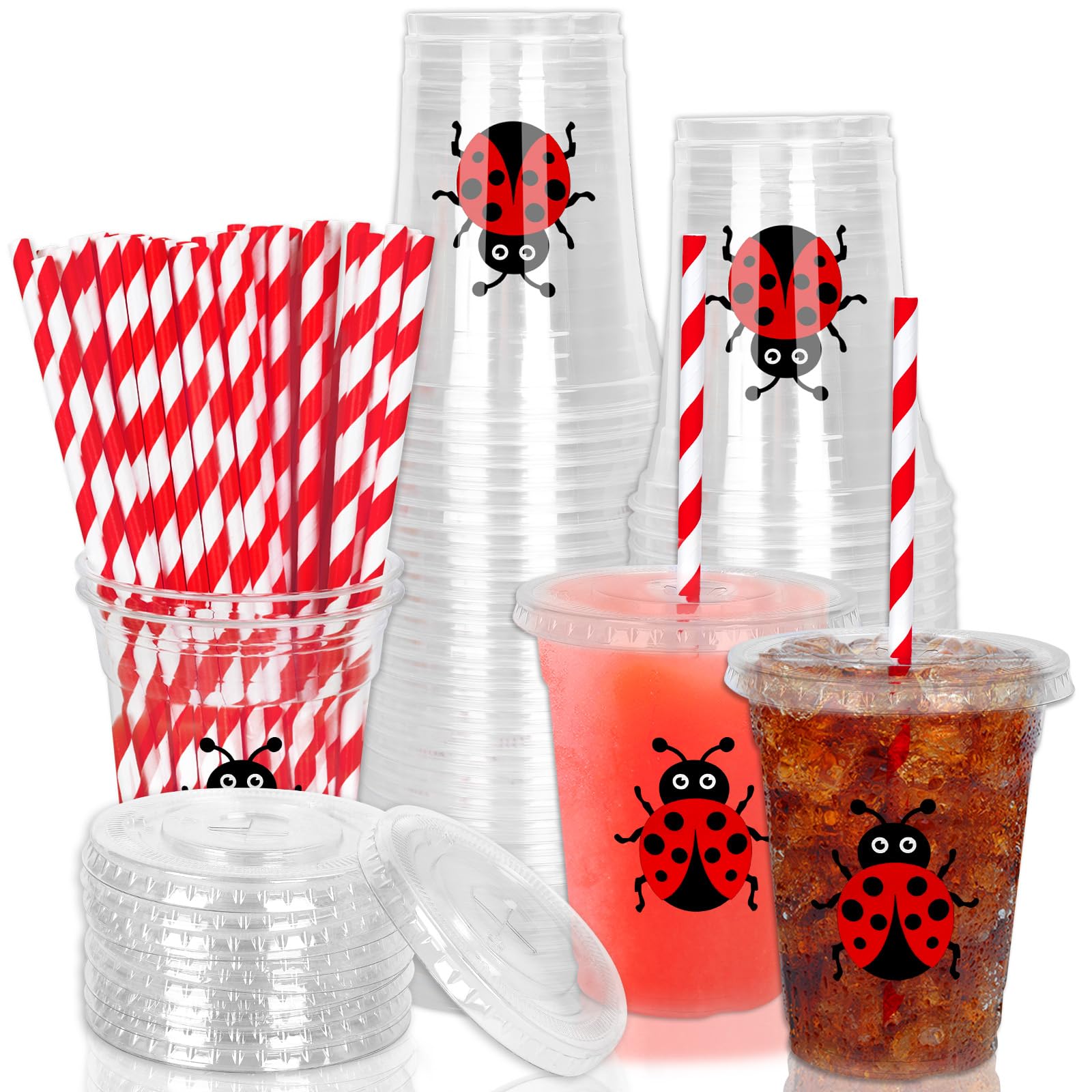 Whaline 50Pcs Ladybug Disposable Plastic Cups with Lids and Straws Cute Insect Cold Beverage Drinking Cups for Birthday Wedding 