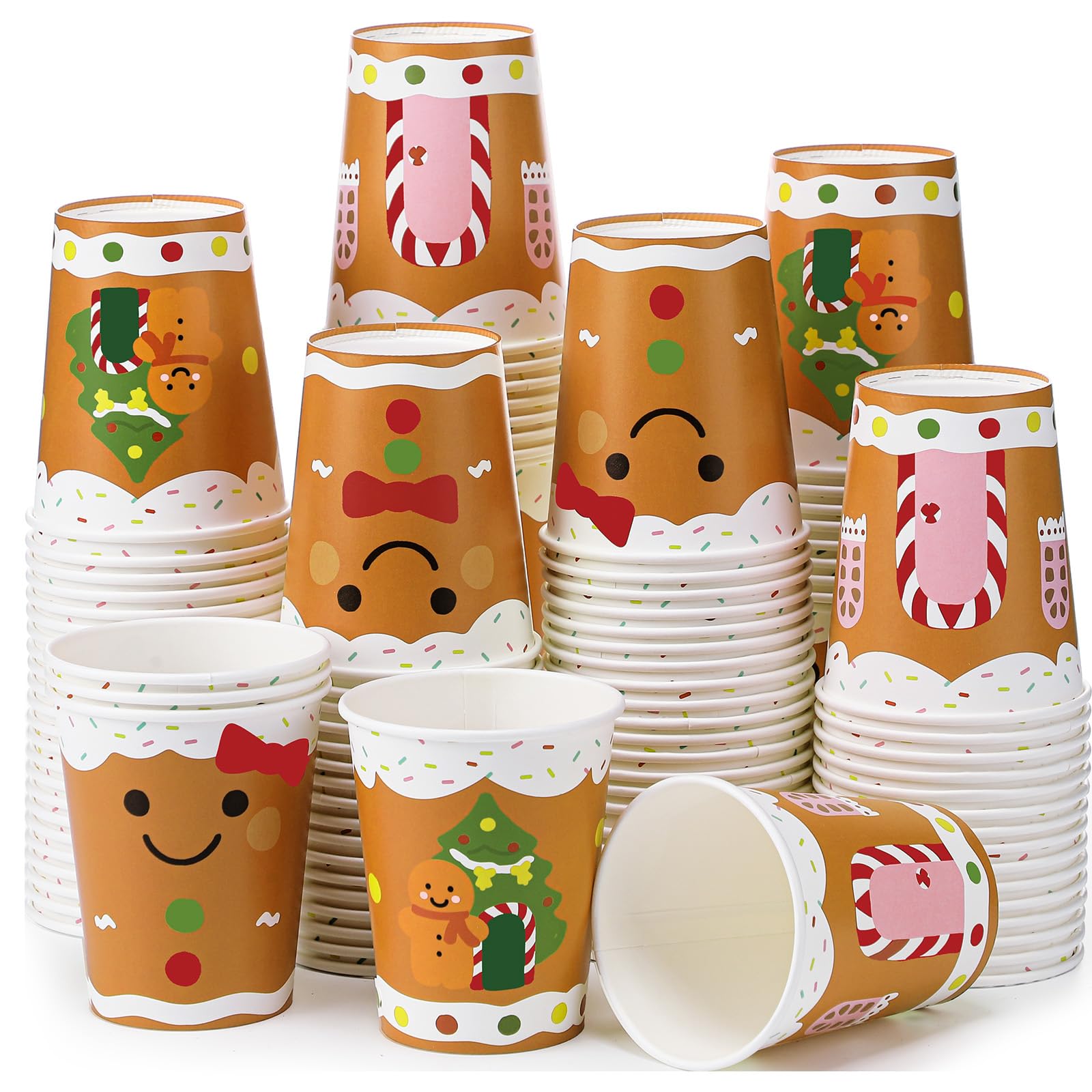 Funtery 100 Pieces Christmas Gingerbread Paper Cups Hot Chocolate Cups Xmas Disposable Coffee Cup Gingerbread Man Christmas Tree
