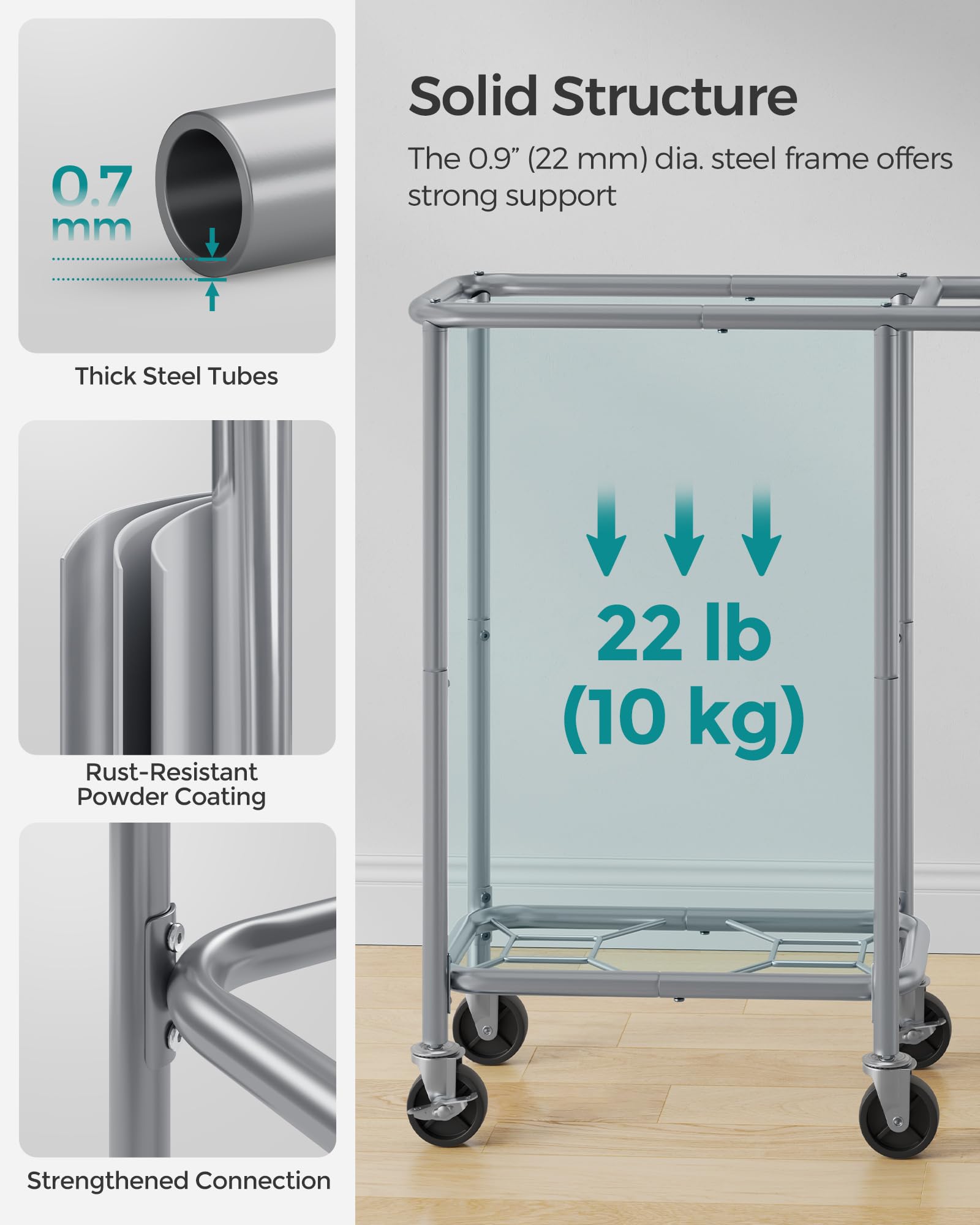 Songmics Laundry Basket With Wheels, Rolling Laundry Hamper, 23.8 Gallons (90L), Removable Liner, Steel Frame With Handle, Blank