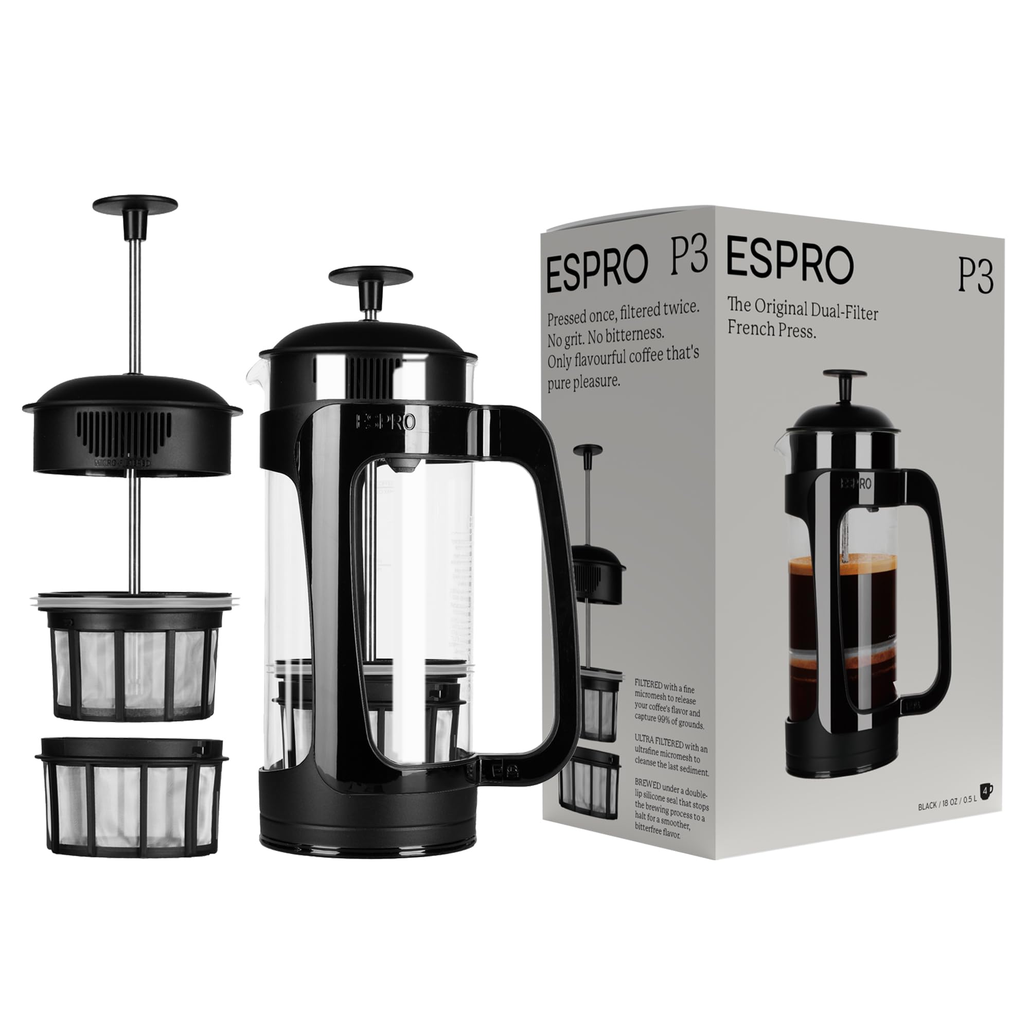 Espro - P3 Small French Press Coffee Maker 18 Ounce - Double Micro-Filtered Tea And Coffee Press, Grit-Free And Bitterness-Free