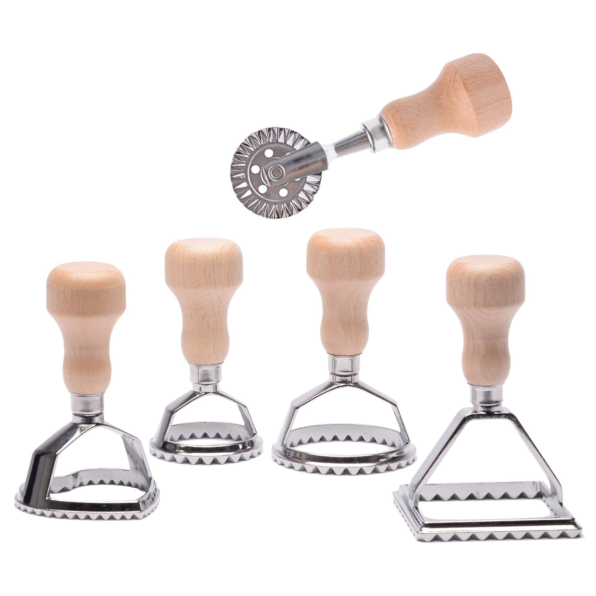Master Feng Ravioli Stamp Maker Cutter With Roller Wheel Set, Mold With Wooden Handle And Fluted Edge, Pasta Press Kitchen Attac