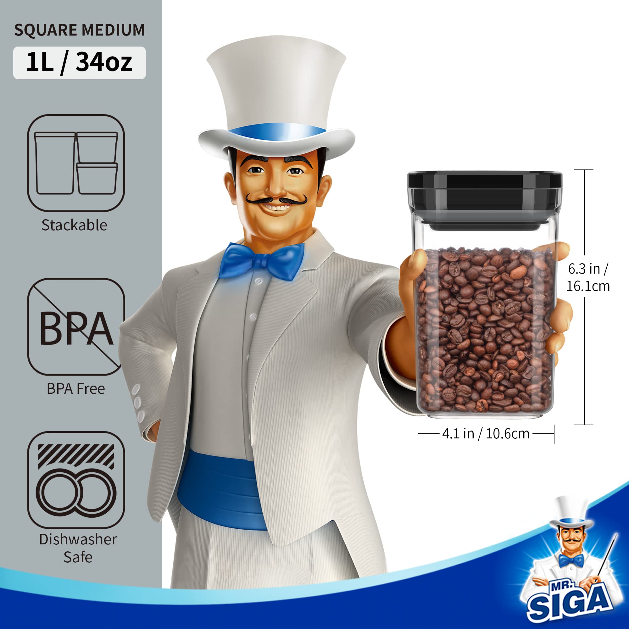 Mr.Siga 4 Pack Airtight Food Storage Container Set, Bpa Free Kitchen Pantry Organization Canisters, One-Handed Airtight Cereal S