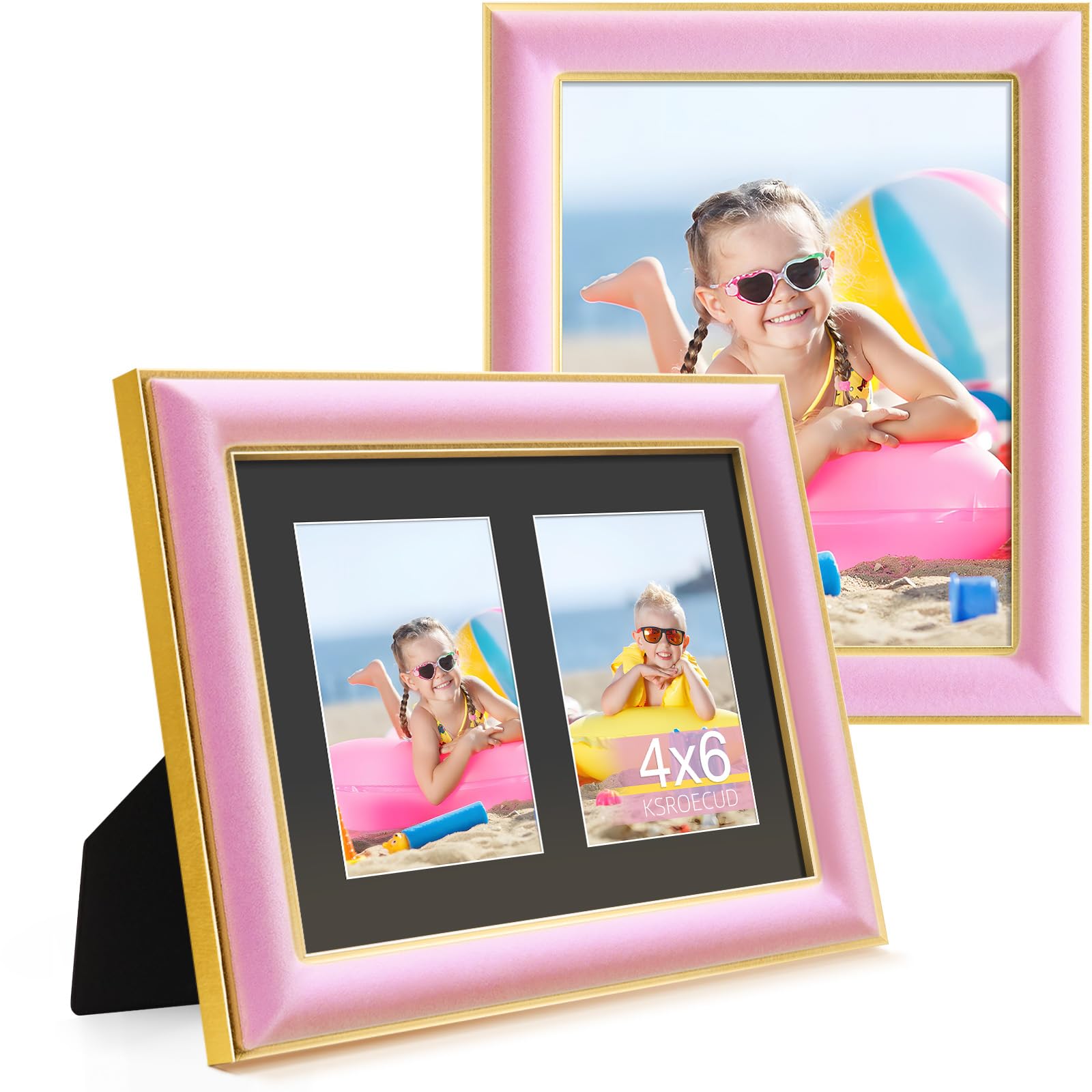 KSROECUD 8x10 Velvet Picture Frame with 2 Opening 4x6 Picture, HD Real Glass Pink Velvet Photo Frame with Black White Border Mat