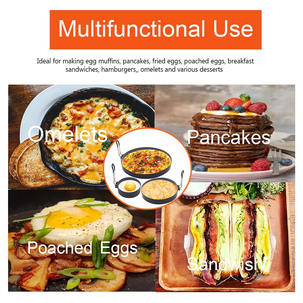 8'' Omelette Ring,6'' Pancake Ring,4'' Griddle Egg Ring,Non-Stick Stainless Steel Egg Cooker Omelet Ring Set(Upgrade Large 3 Pac
