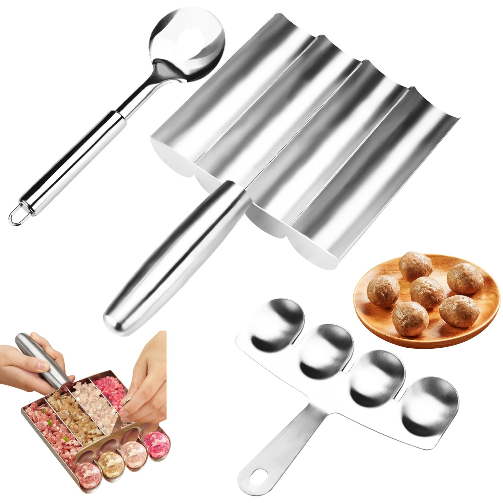 3 Pieces Stainless Steel Meatball Maker Set, Kitchen Manual Meat Ball Maker Tool with Cutting Spade & Meatball Spoon, Non-stick 