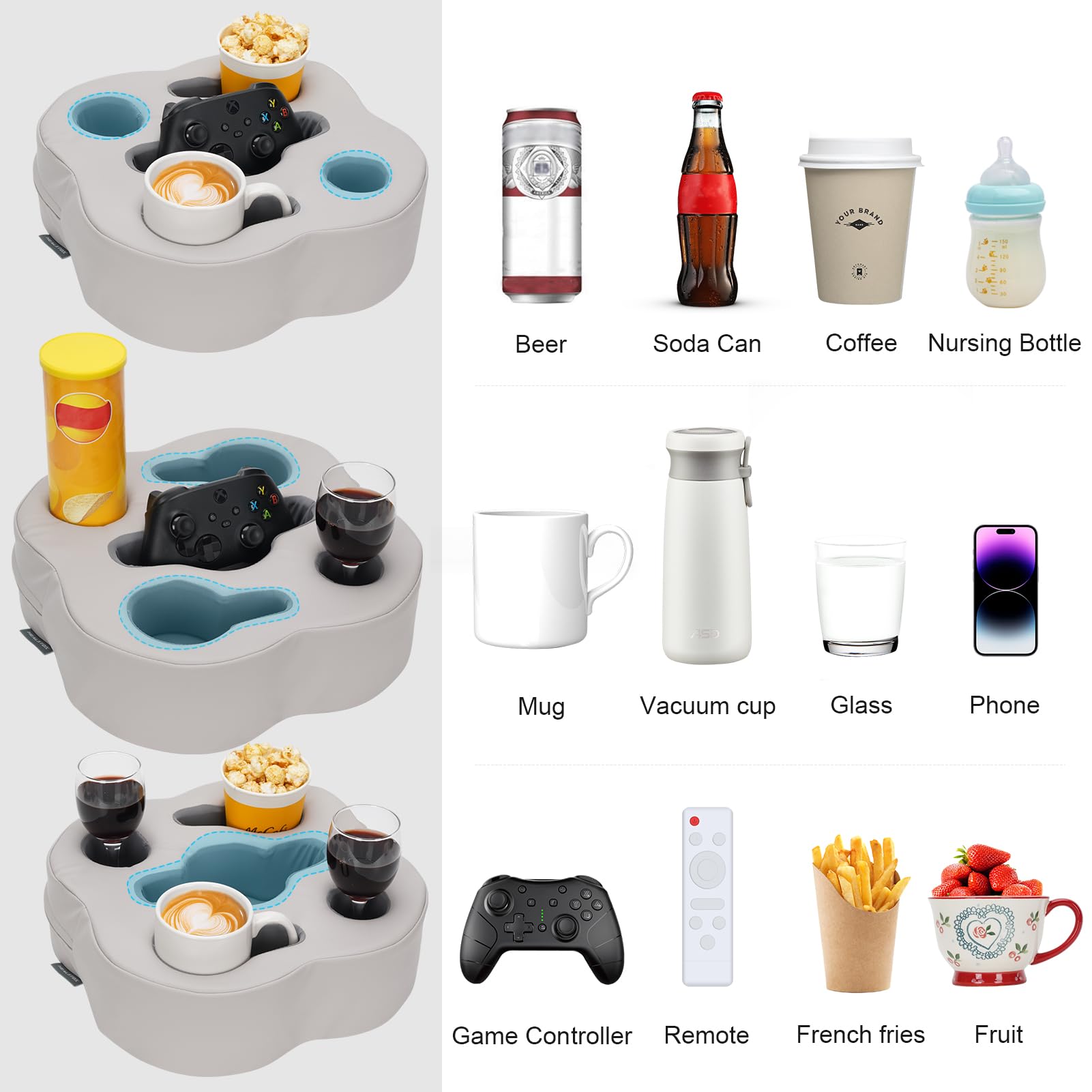 Healstok Couch Cup Holder Pillow, Sofa Organizer Caddy Bed Refreshment Tray For Drinks, Remotes, Phones, Snacks (Pugrey)