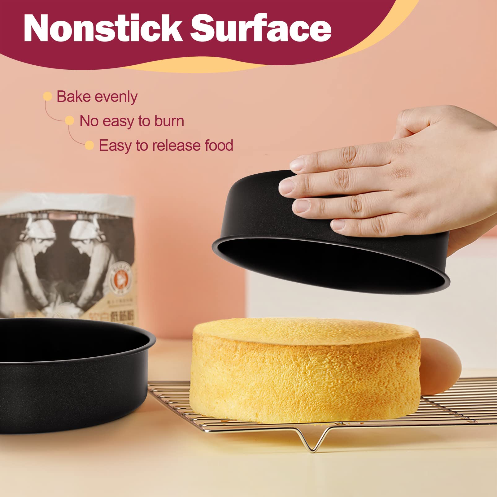 8 Inch Round Cake Pan Set, P&P Chef 3 Piece Non-Stick Cake Baking Pans For Birthday Wedding Layer Cakes, Stainless Steel Core &