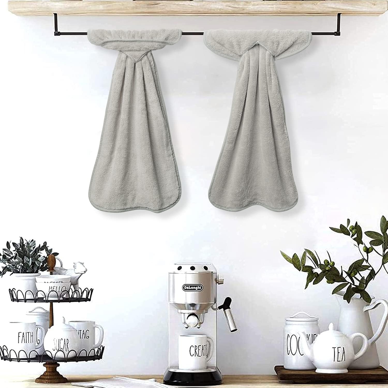 R Horse 4Pcs Grey Hand Towels With Hanging Loops, Absorbent Coral Fleece Gray Kitchen Cleaning Dishcloth Soft Thick Oven Dish Cl