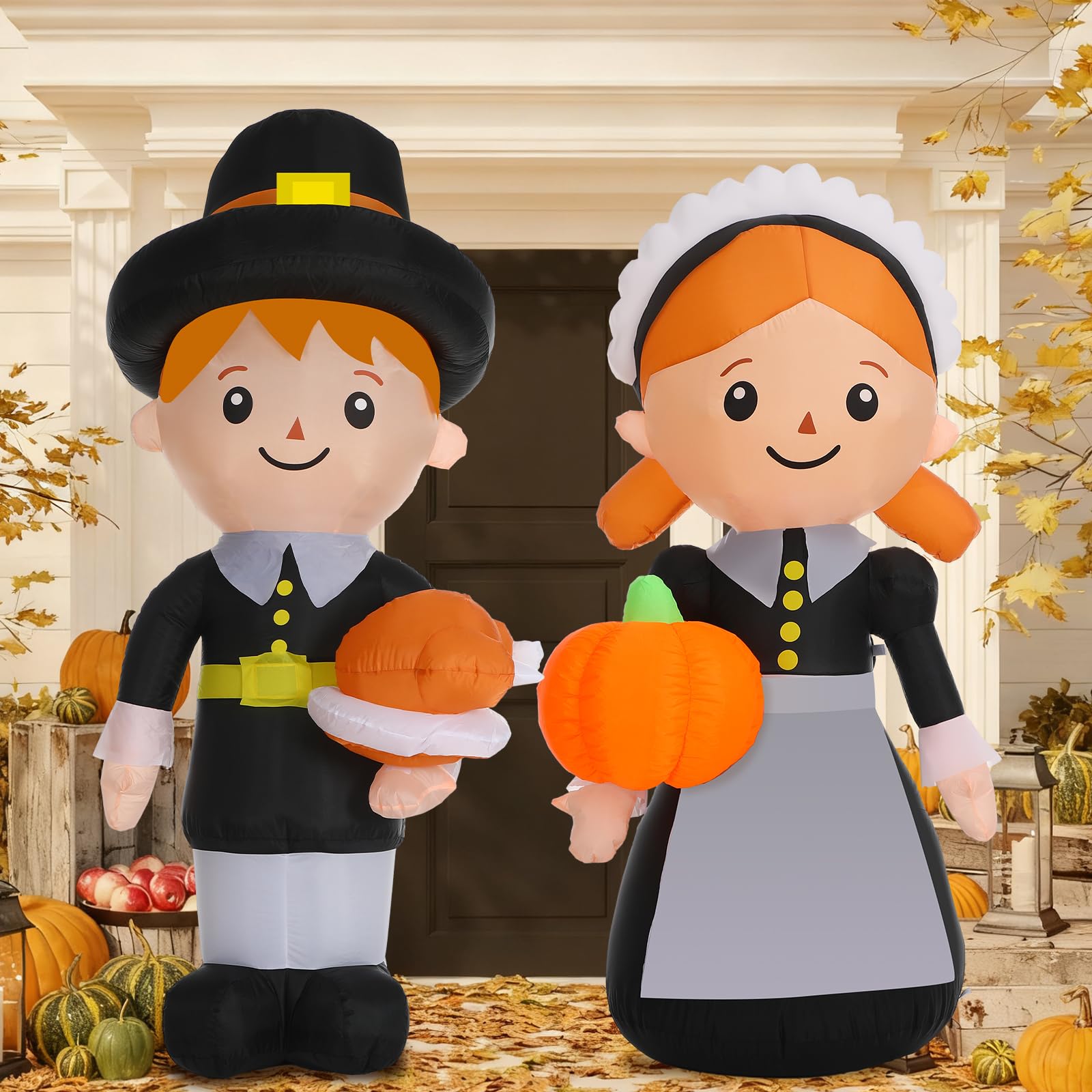 Leyndo 6.3 ft Thanksgiving Pilgrim Inflatable Decoration, 2 Pcs Fall Pilgrim Blow up Outdoor Decoration with LED Lights Harvest