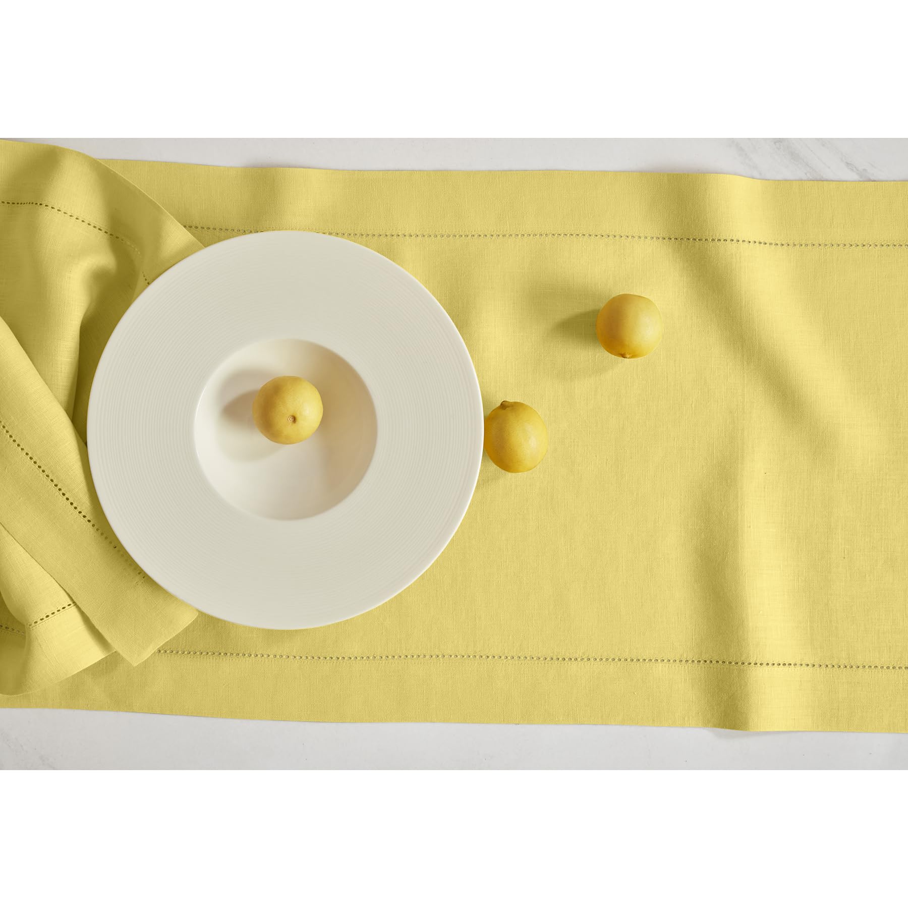 Solino Home Linen Yellow Table Runner 120 Inches Long - Sonoma Hemstitch 100% Pure Linen Prewashed Dining Table Runner 14 X 120