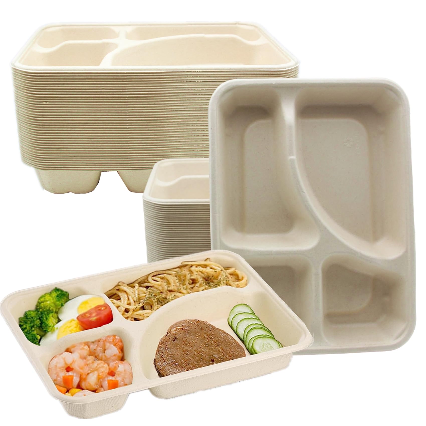 HningBuyox 50 Pack Compostable Paper Plates, Heavy Duty Sugarcane Fiber Compartment Plate, Microwave Safe Divided Tray for Adult
