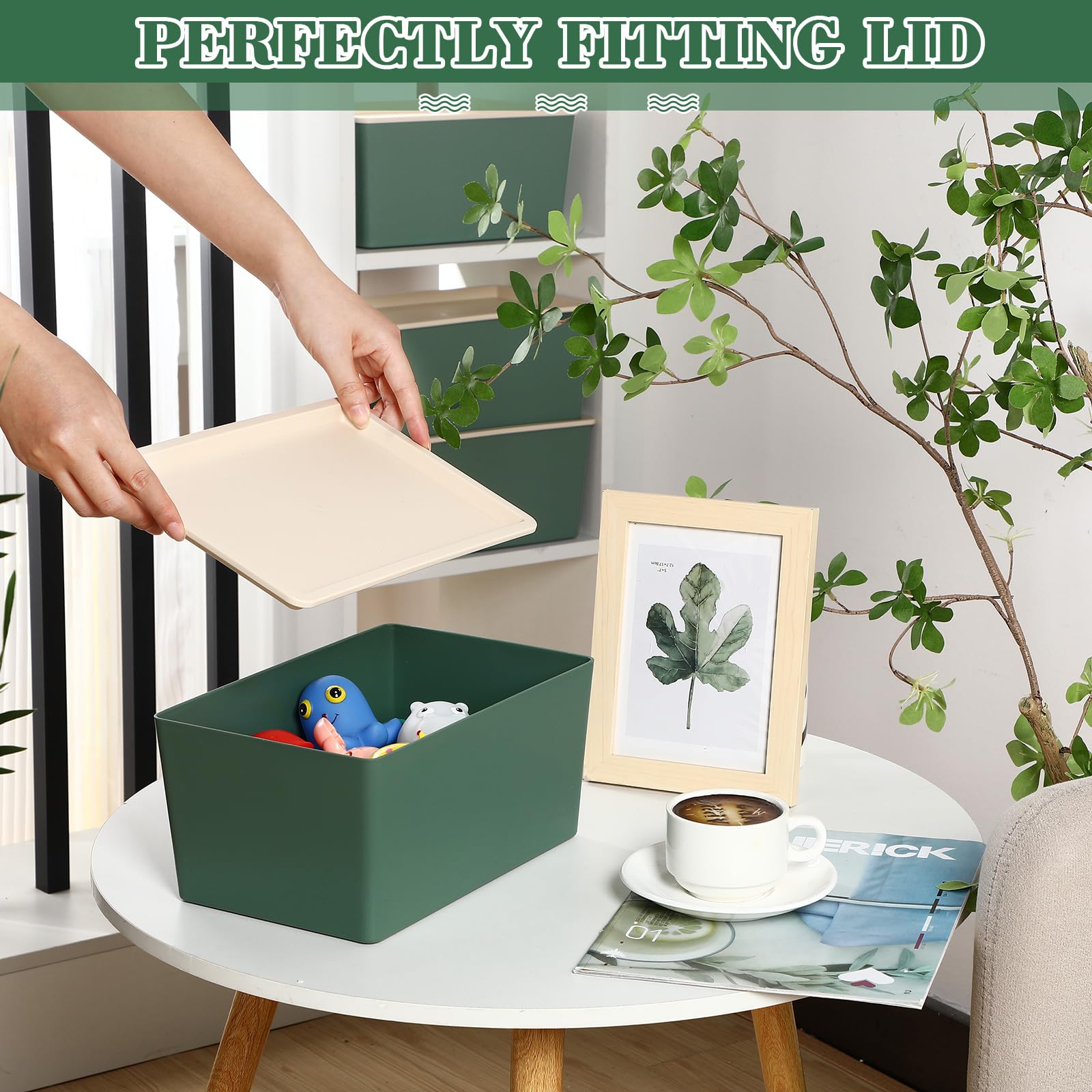 Menkxi 4 Pcs Storage Bins With Lids Plastic Storage Containers Stackable Storage Box Baskets For Organizing Shelves (Green,Small