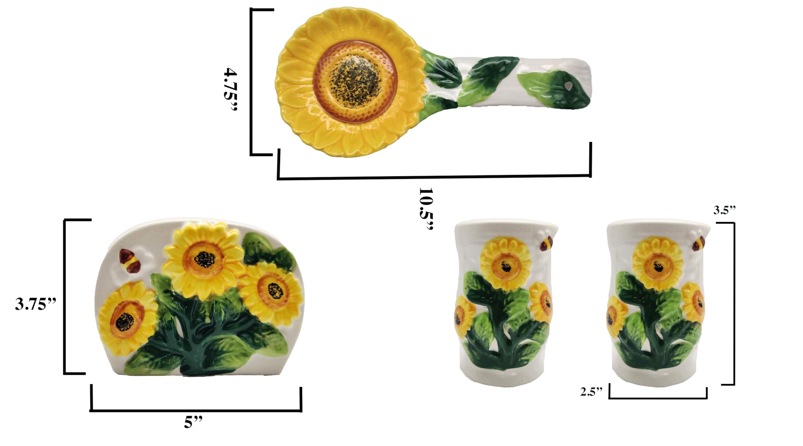 Country Sunflower Painted Stove Top Set  salt and peper shaker  napkin holder  spoon rest 83025/28 by ACK