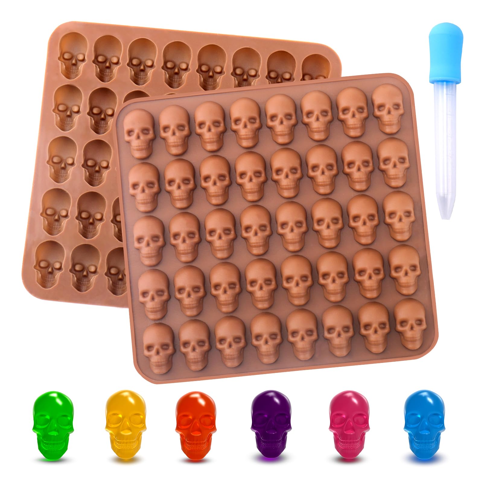 BUSOHA Silicone Gummy Skull Candy Molds, 2 Pack, 40 Cavity, Non-Stick, Coffee Brown, Model DA-391, Includes 1 Dropper