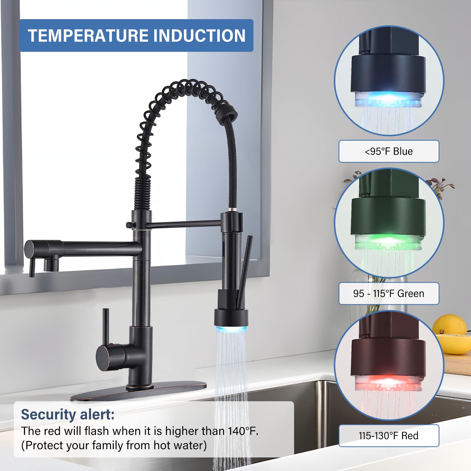Pull Down Kitchen Sink Faucet with Sprayer Commercial Solid Brass Oil Rubbed Bronze Kitchen Sink Faucet with LED One Hole Or 3 Hole Faucet for Farmhouse