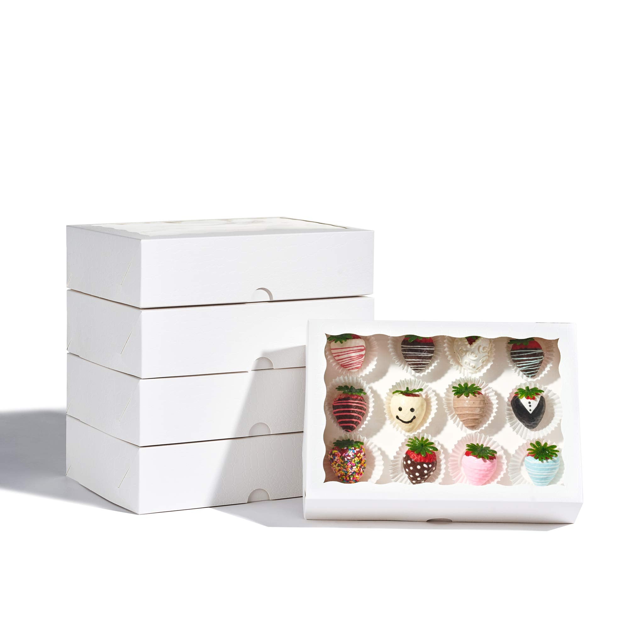 Jcxpack 12Pcs 10 X 7 X 2.5 Inches Premium Fancy White Strawberry Boxes, Cookie Boxes, Elegant White Bakery Box With Display Wind