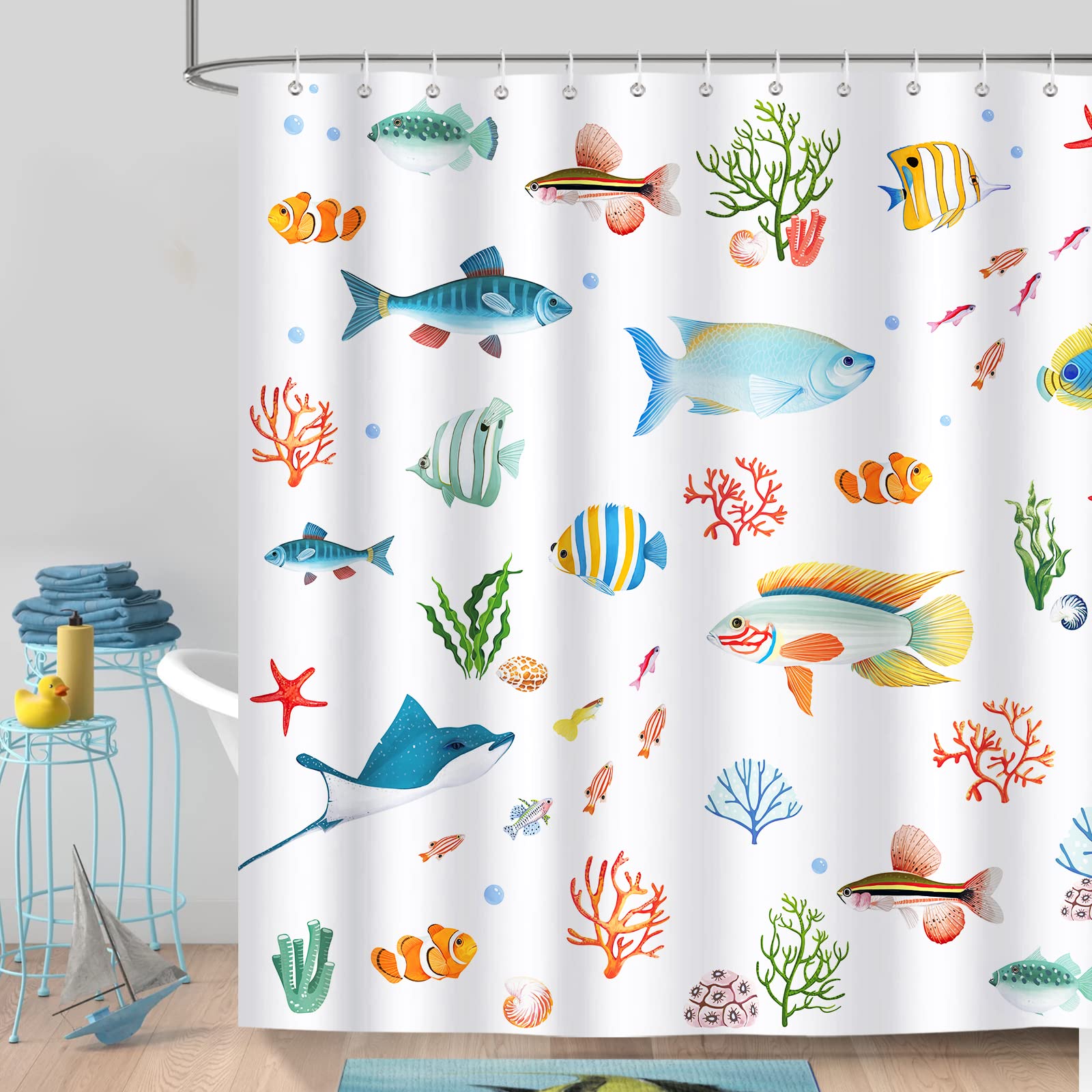 Bonhause Fish Shower Curtain, Colorful Tropical Fish Ocean Creatures Bathroom Curtain 72X72 Inch Polyester Fabric Waterproof Bat