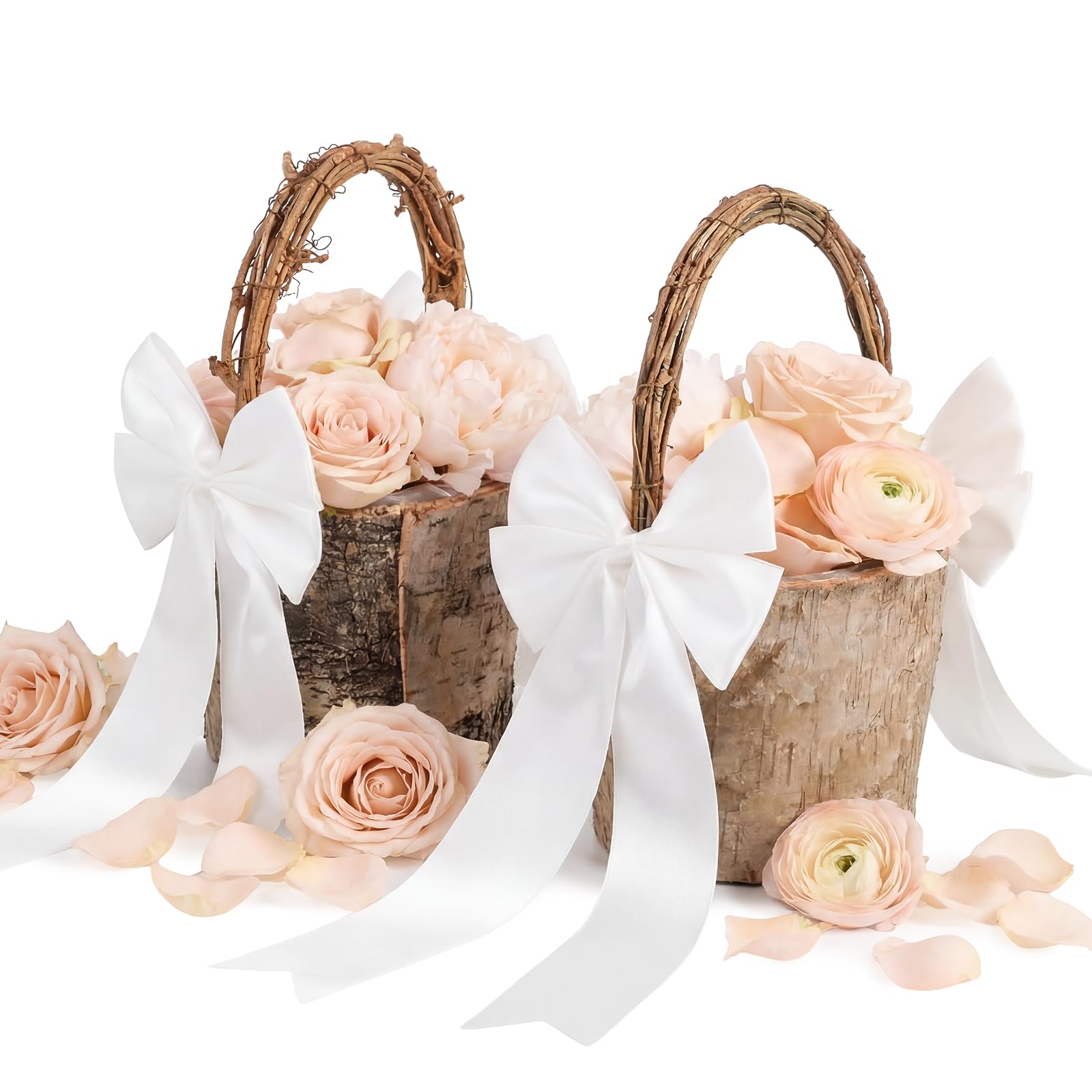 LemonRoad 2 Pcs Wood Flower Girl Baskets with 4 Ribbon Bows, Mini