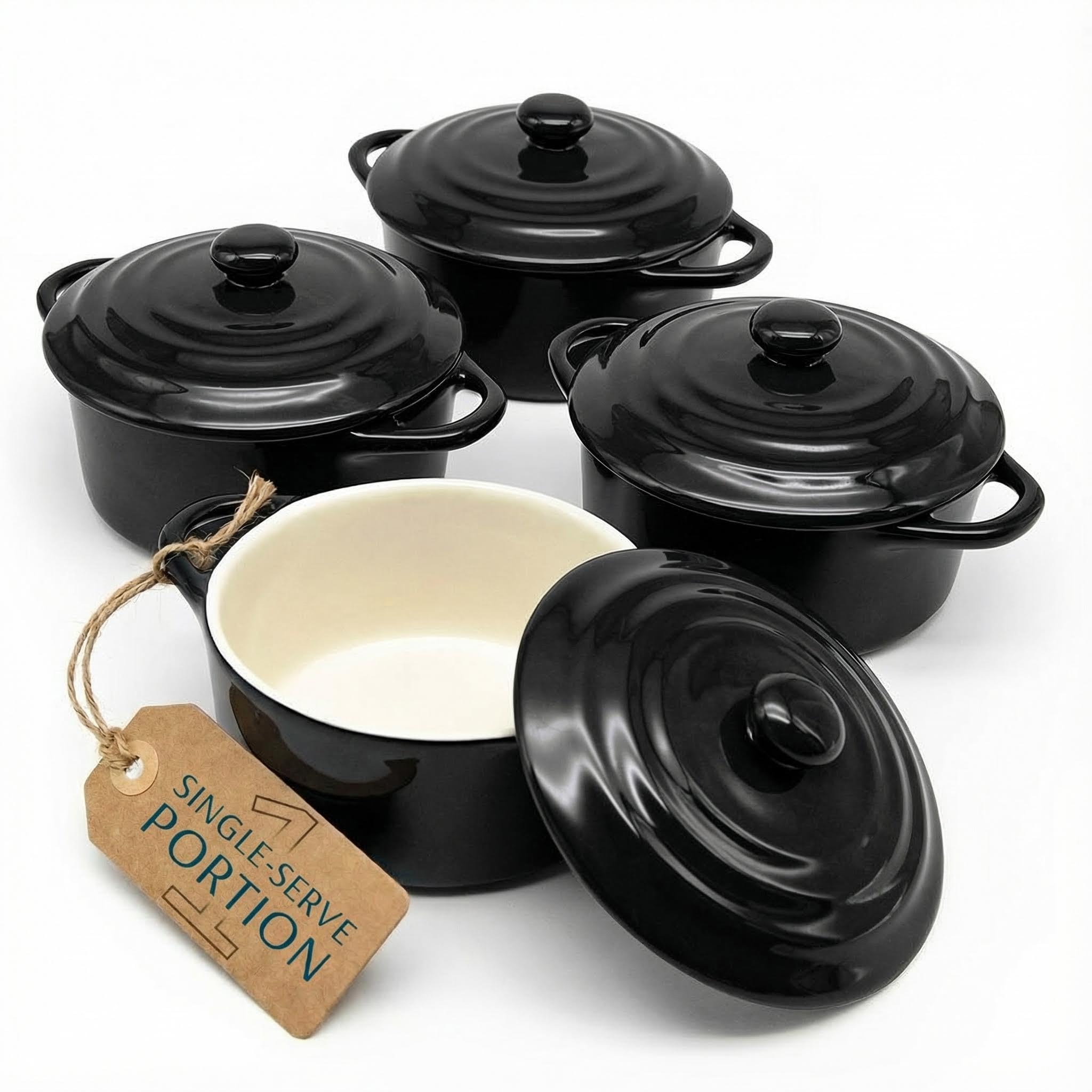 Kook Ceramic Mini Cocotte Set, Small Casserole Dishes with Lids and Handles, Individual Baking Ramekins, Oven safe 500F, Microwa