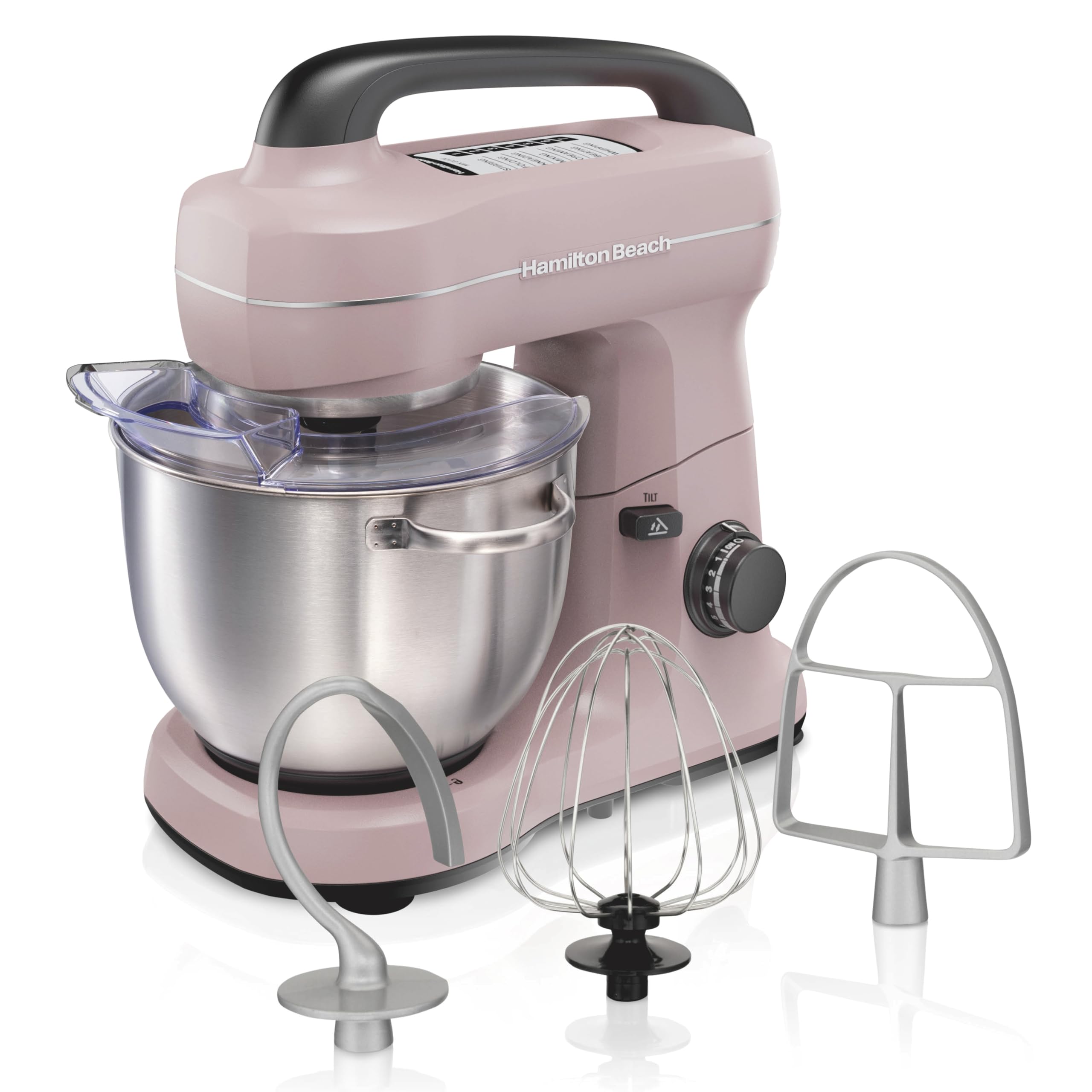 Hamilton Beach Electric Stand Mixer, 4 Quarts, Dough Hook, Flat Beater Attachments, Splash Guard, 7 Speeds With Whisk, Pink