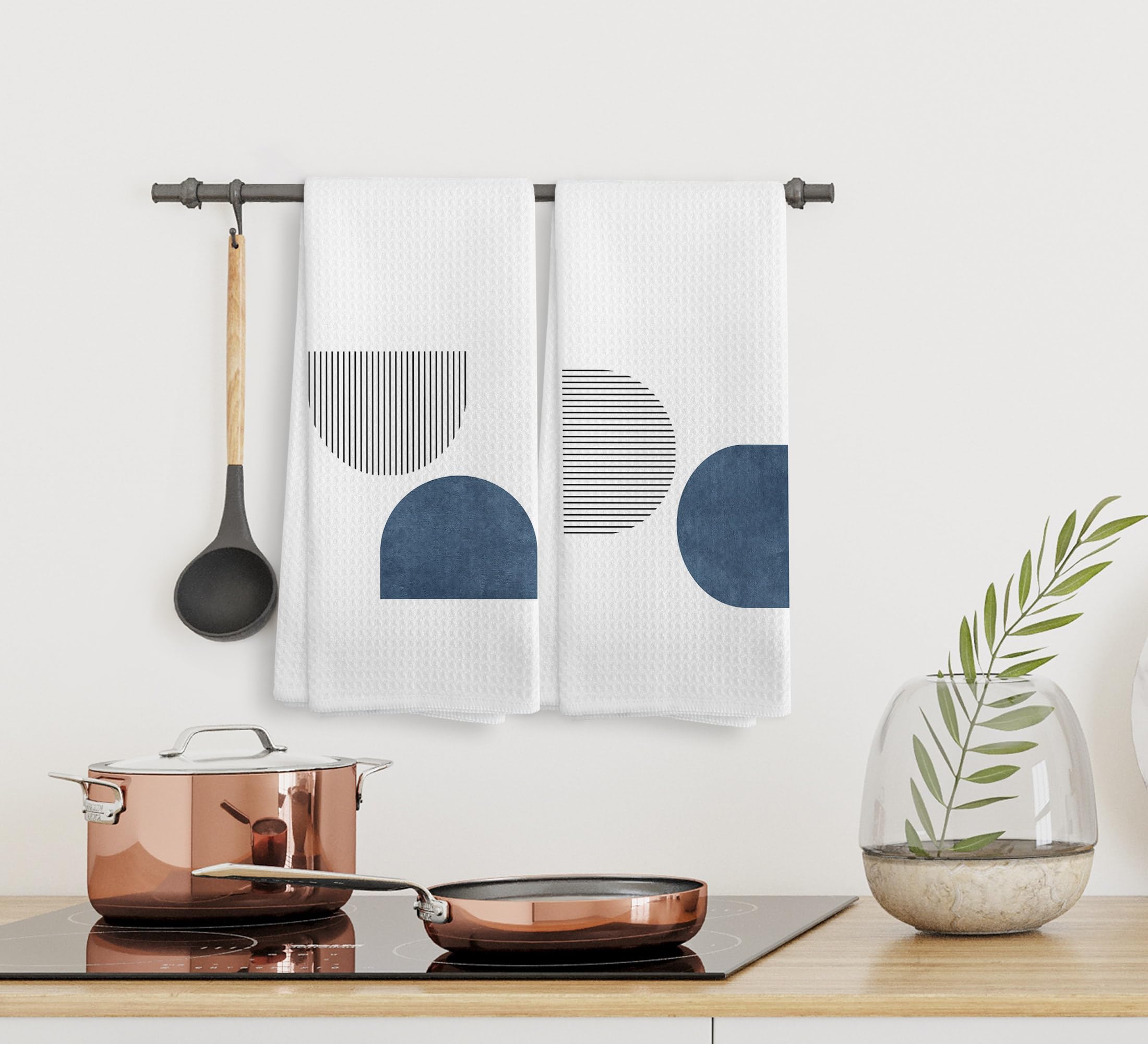 Noql Boho Navy Blue Line Kitchen Towels And Dishcloths Set Of 2, Boho Absorbent Hand Towels, Boho Bohemian Decorative Blue Hand
