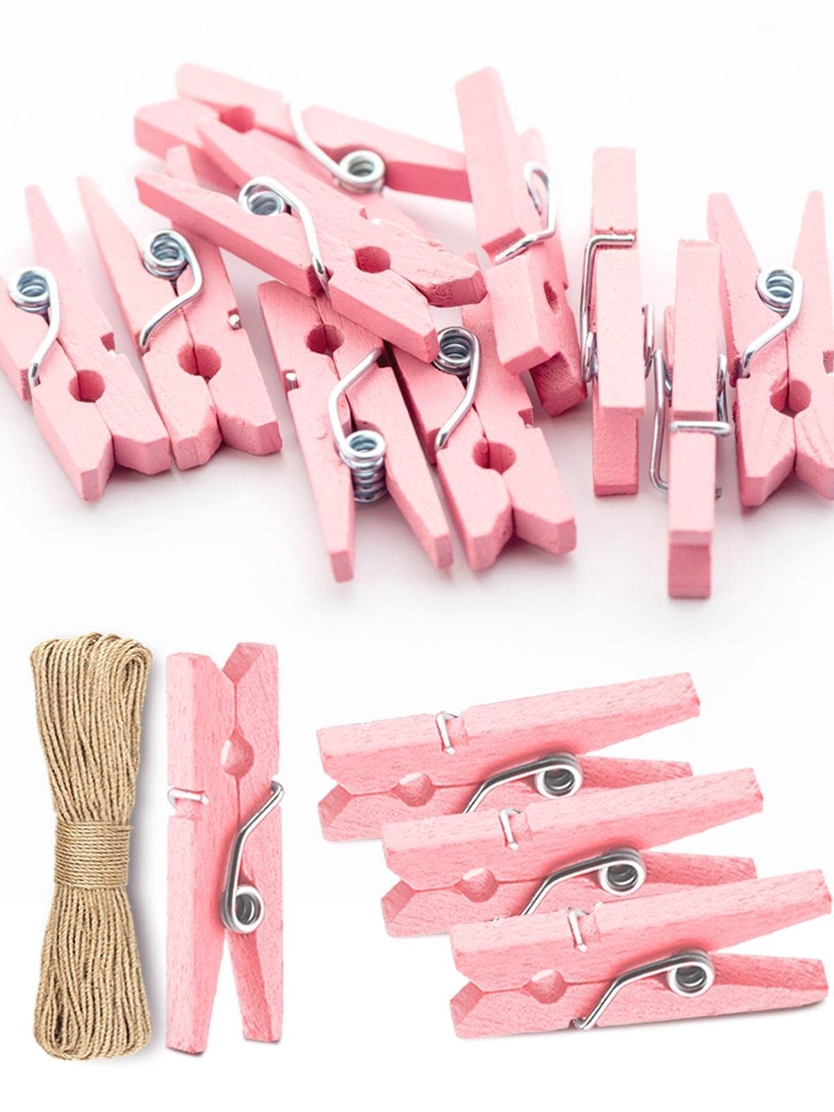 Mini Clothes Pins For Photo, Sturdy Natural Wooden Clothespins 150 Pcs 1 Inch With 33 Ft Jute Twine, Small Clips For Crafts Disp