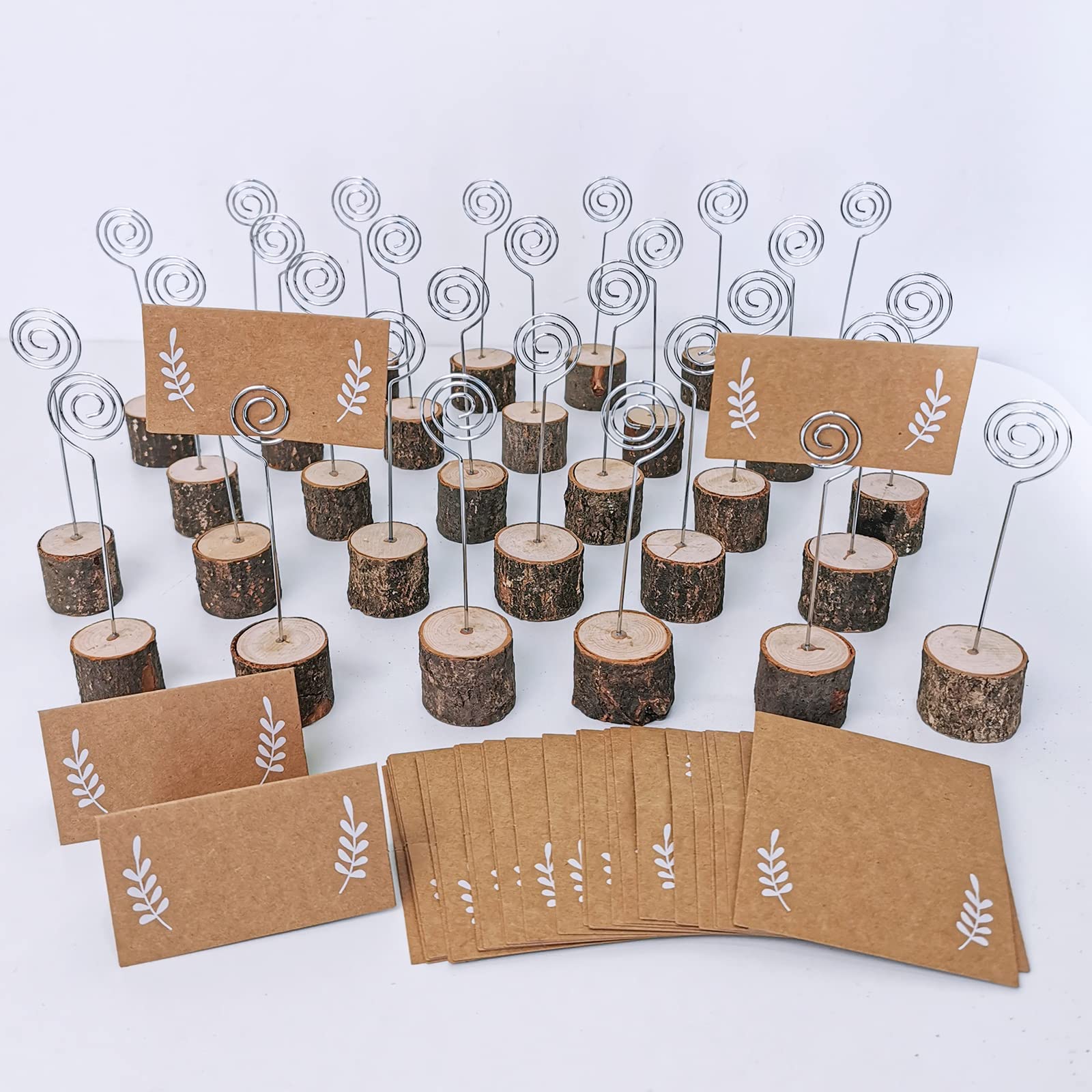 30 Pcs Rustic Wood Place Card Holders With Swirl Wire Wooden Bark Memo Holder Stand Card Photo Picture Note Clip Holders 5.8'' A