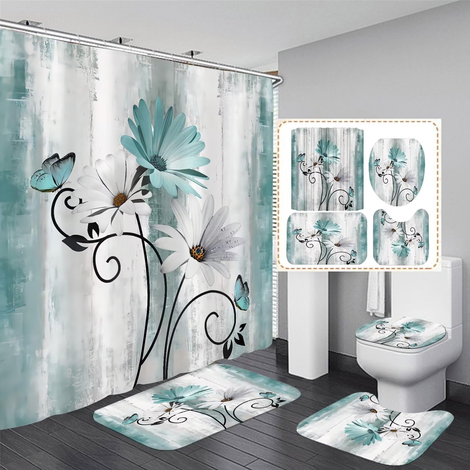 Azhm Rustic Farmhouse Shower Curtain Set 4Pcs Farm Teal Daisy Floral Bathroom Decor Set With Shower Curtain And Rugs And Accesso