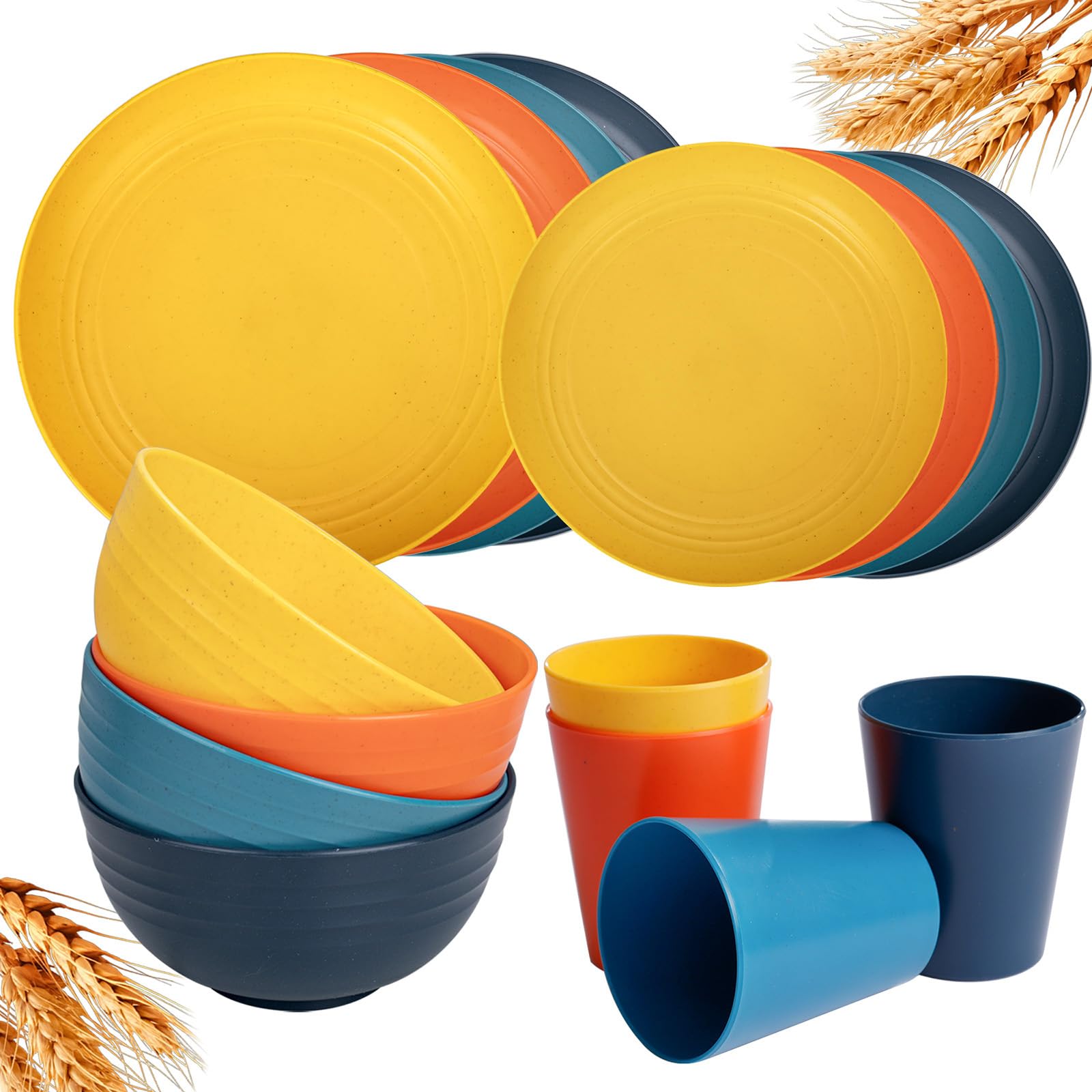 Rubtlamp Wheat Straw Dinnerware Set, 16Pcs Unbreakable Plates And Bowls Sets of 4, Plastic Plates Set Reusable (Four Colors) Inc