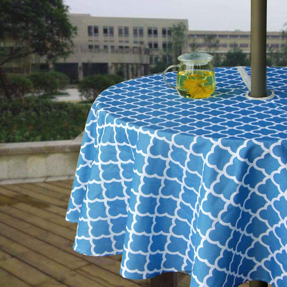 Melaluxe Spring/Summer Wrinkle-Free Waterproof Outdoor Tablecloth with Umbrella Hole and Zipper, 60 Round-Zippered