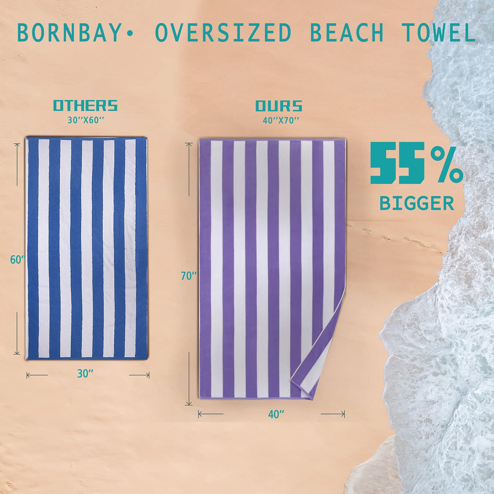 Bornbay Large Beach Towel Oversized - 40''X70'' Big Cute Beach Towels, Extra Large Thick Purple Beach Towels, Xl Wide Fluffy Swi