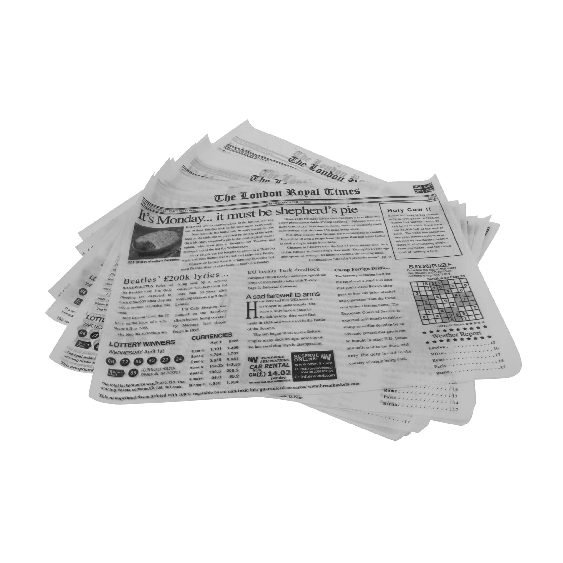 G.E.T. 4-TL1215 Appetizer/Serving Basket Tissue Liner Paper, 15 x 12, London Newsprint (Case of 1000)