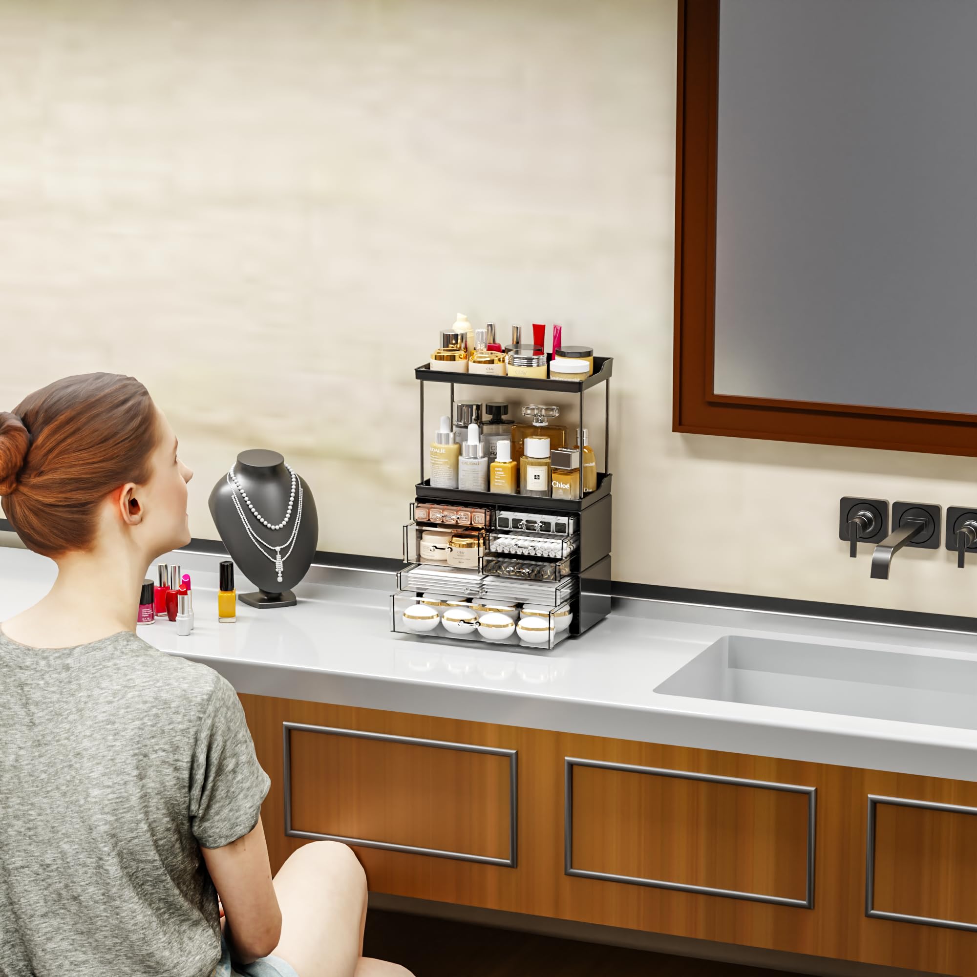 3 Pack Bathroom Organizers And Storage Countertop With 7 Drawers,Stackable Vanity Drawer Organizer For Makeup,18.9'' Tall Large