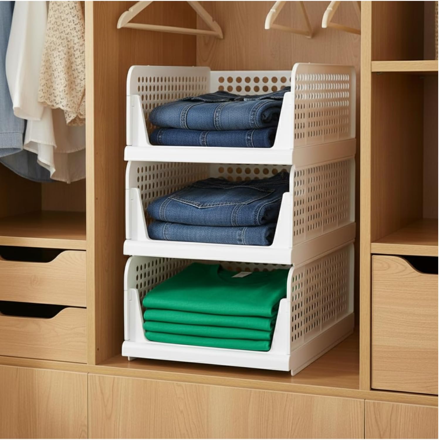 Aliensware 3Pcs Large Size Clothes Storage Rack, Cloth Organizer For Cupboard, Wardrobe, Stackable & Foldable Basket Closet Orga