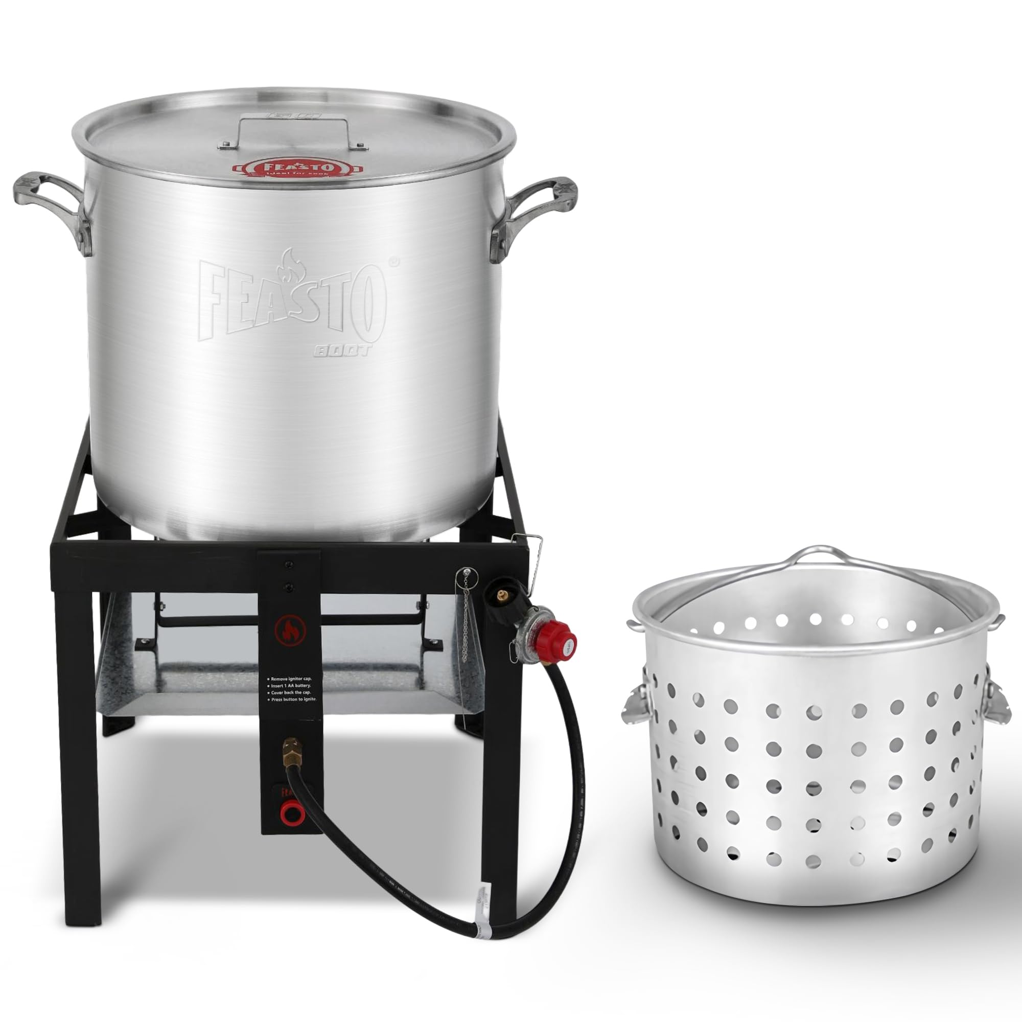 Feasto 80 QT Seafood Boil Pot with Basket and Burner, Aluminum Seafood Boil Pot and Burner Kit with 100,000 BTUs Output and 10 P