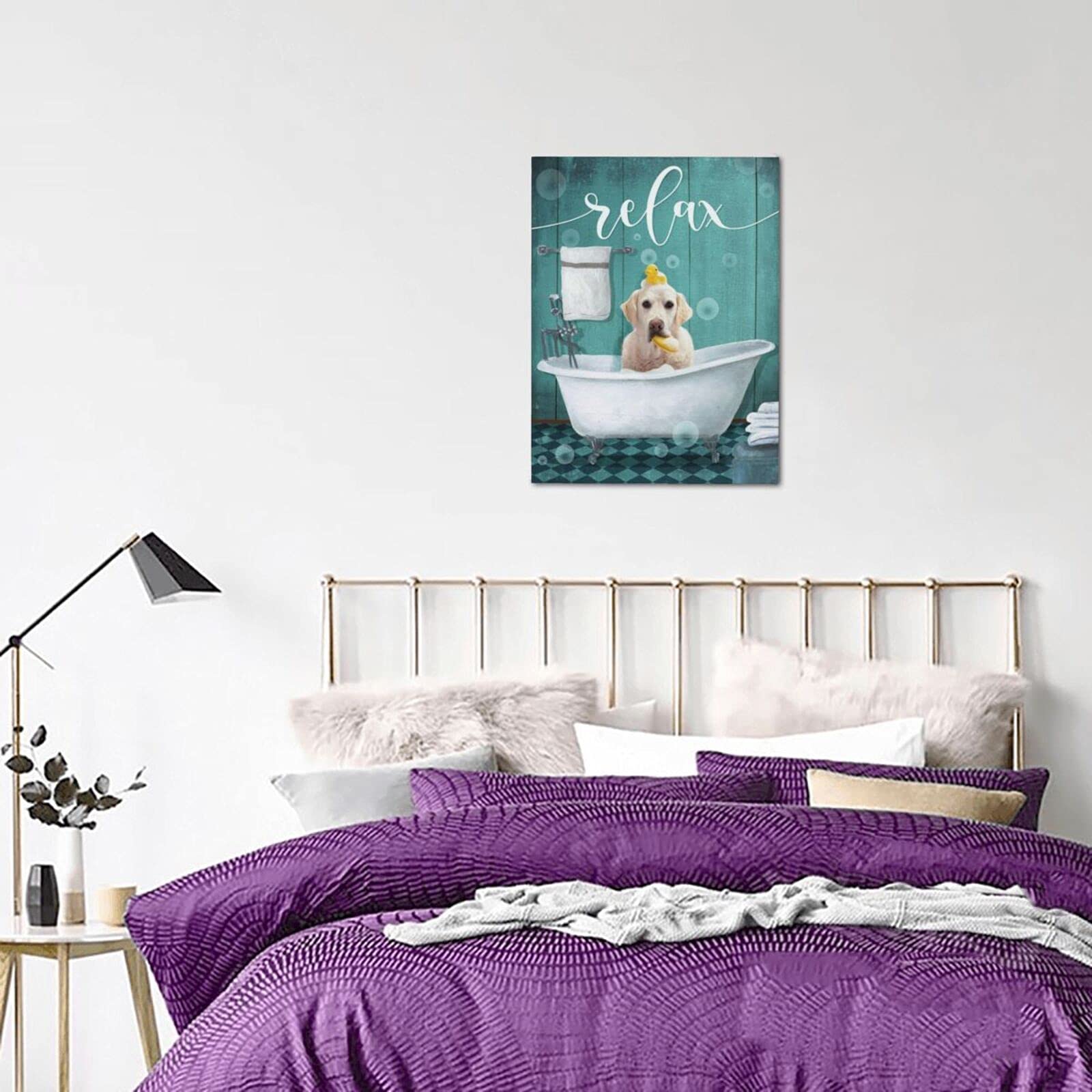 Kuphsod Dog In Bathtub Wall Art Canvas Bathroom Decor Funny Dog Sitting In Bathtub Print Paintings Modern Bathtub Artwork Wall D