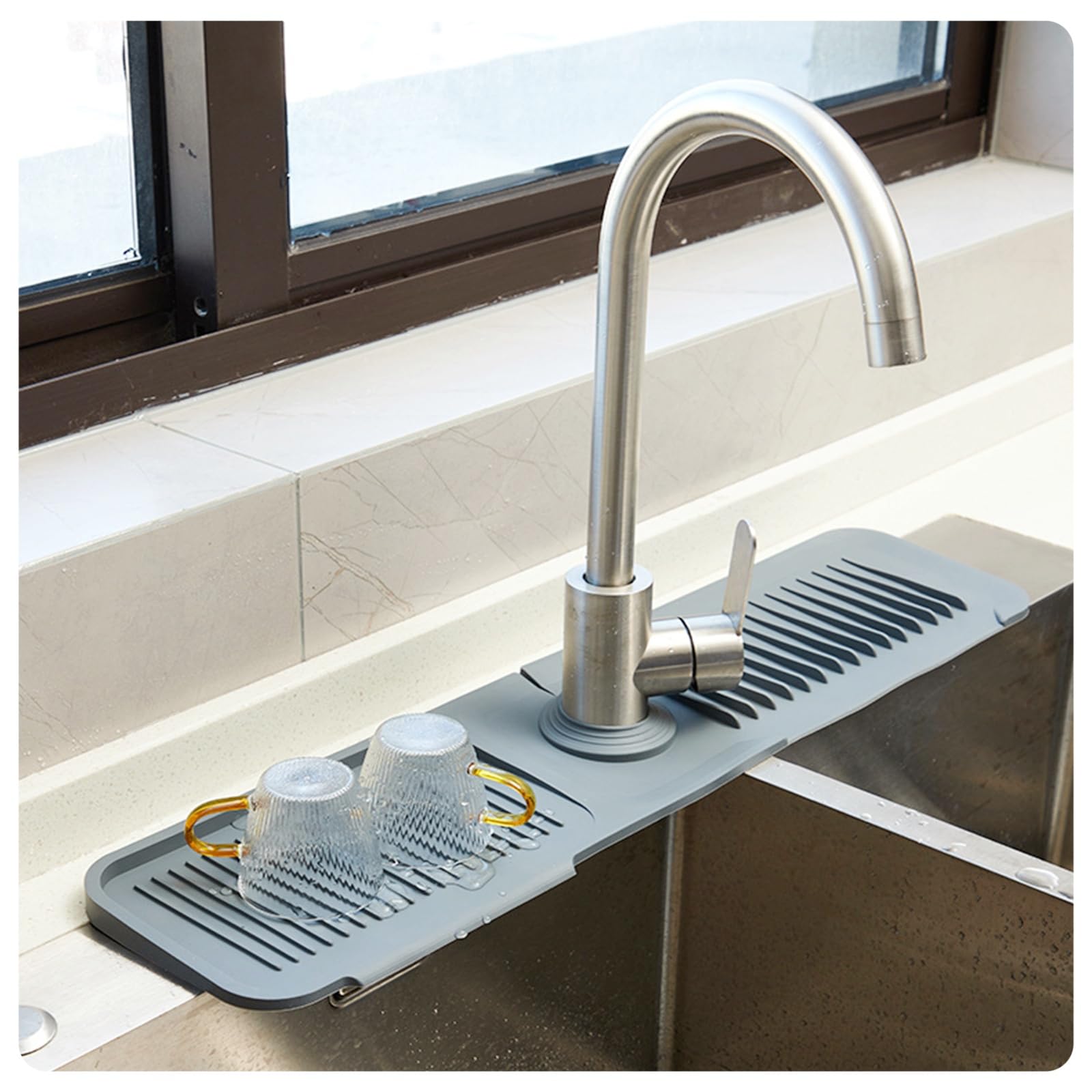 Juveximzy Faucet Guard&Draining Mat,5Sloped Faucet Mat For Kitchen Sink[Faucet Holes Can Be Cut]17.7''X5.5''Sponge Holder For Ki