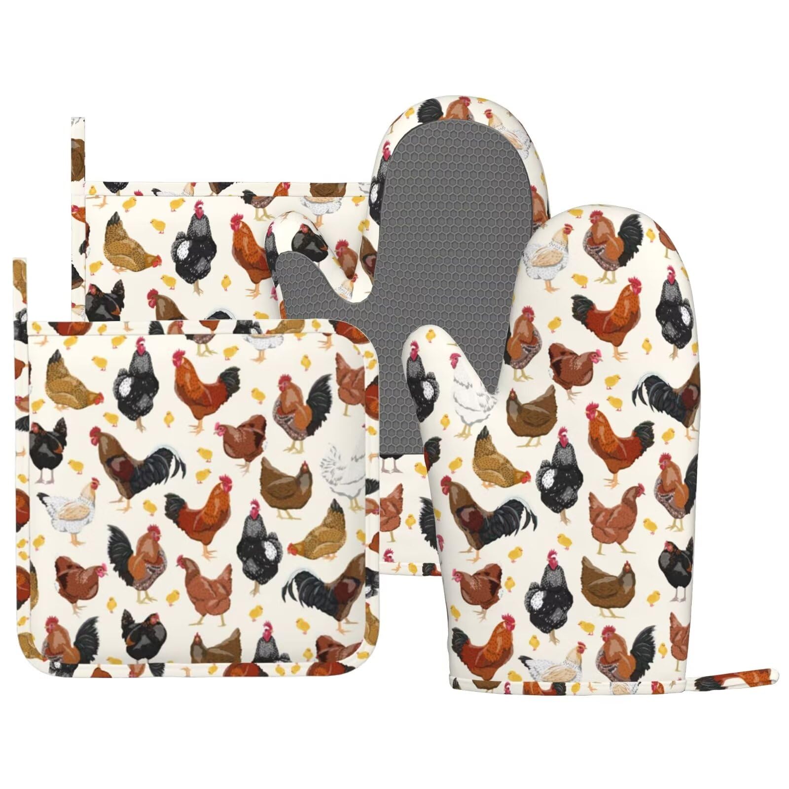 Mifsoiavv Rooster Hen Oven Mitts And Pot Holders Sets Silicone Rustic Domestic Animal Chicken Kitchen Mitts Potholders Heat Resi