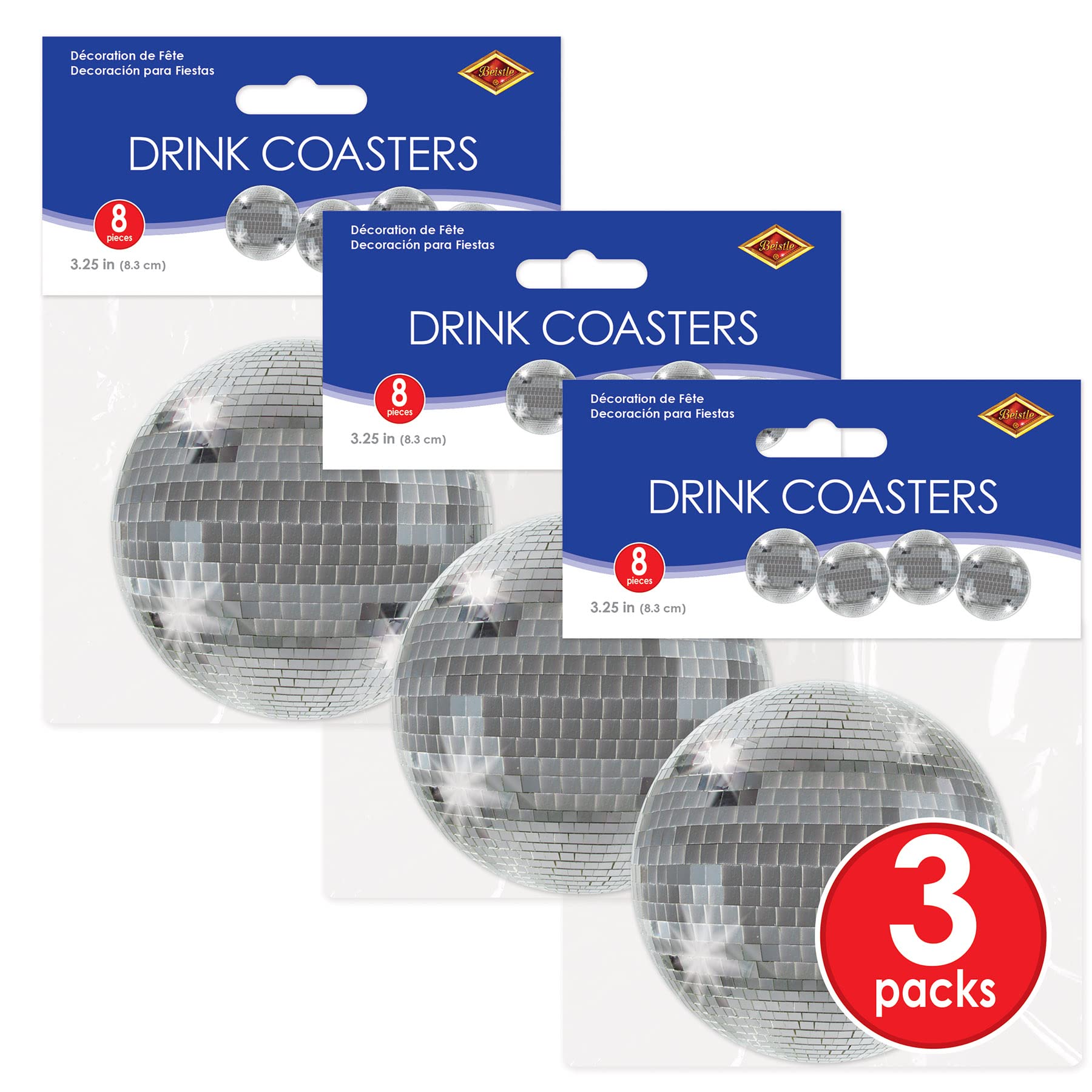 Beistle 24 Piece 70'S Theme Party Decorations Disco Ball Drink Coasters Retro Throwback Tableware, 3.25'' X 3.25'', Silver