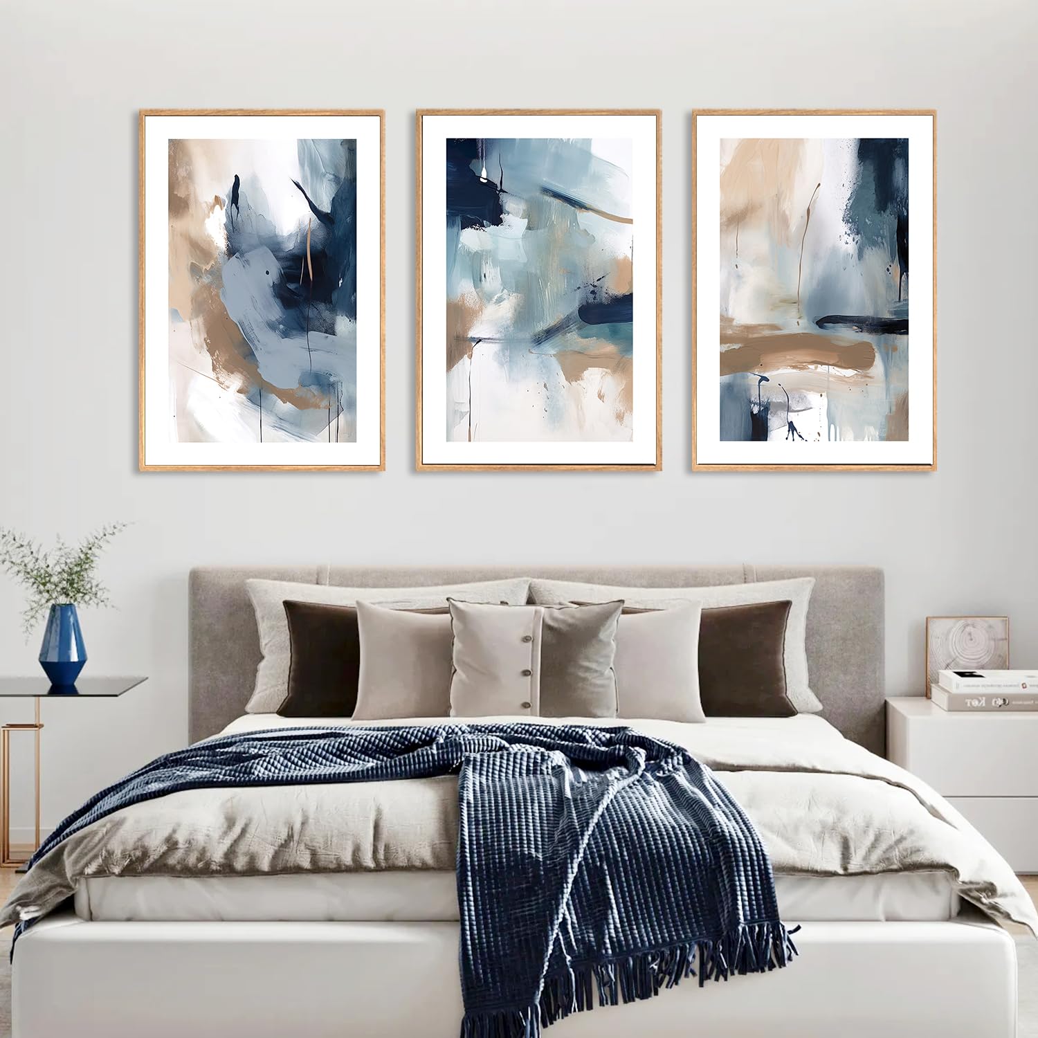 Lhiuem Large Navy Blue Brush Strokes Framed Canvas Wall Art Set,Abstract Neutral Art Painting,Modern Pastel Brown Artwork,Minima