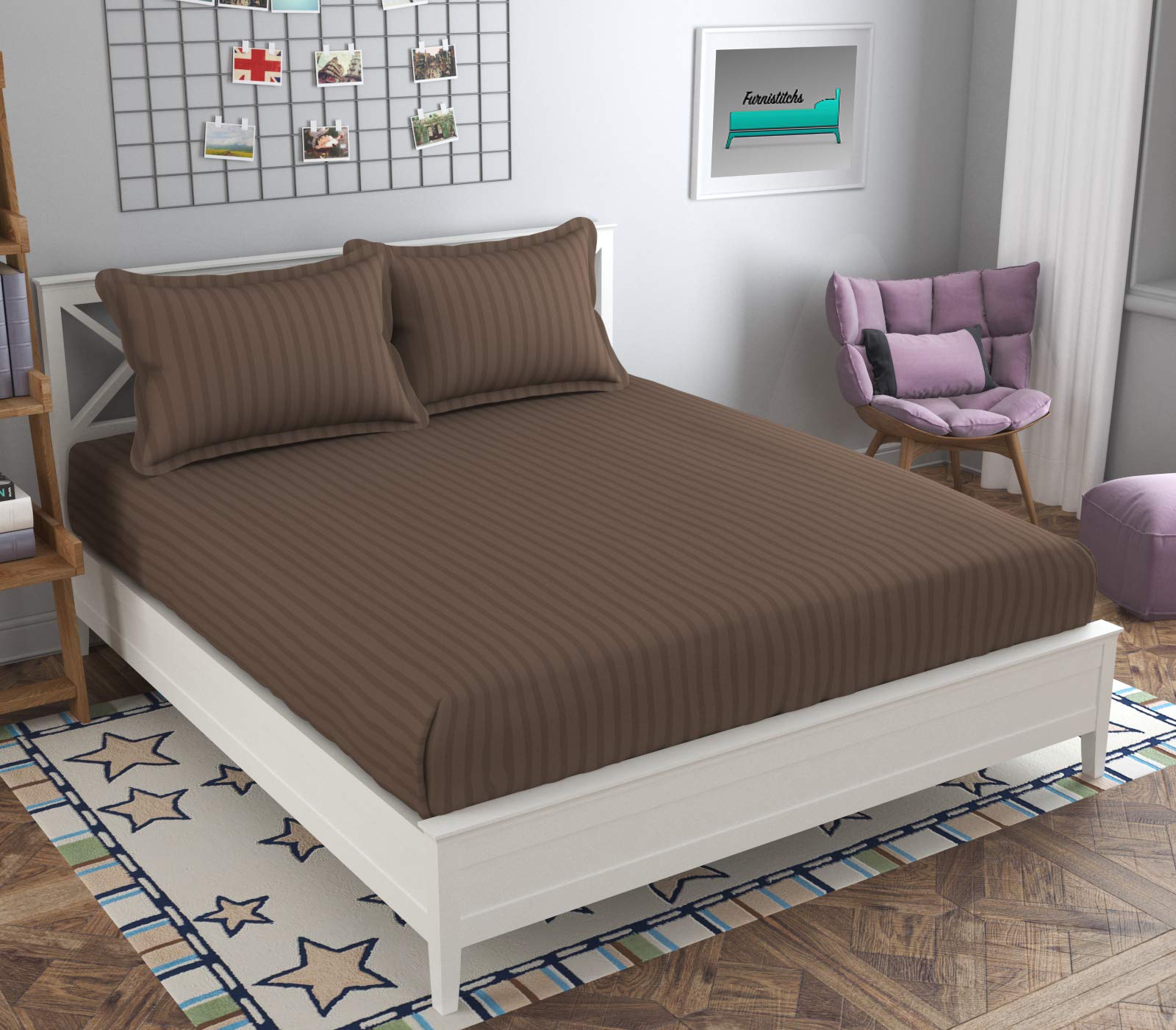 Furnistitchs Plain Stripes King Size Bed Cover Elastic Fitted Bedsheet With 2 Pillow Covers, 240 X 260 Cms (Light Brown)