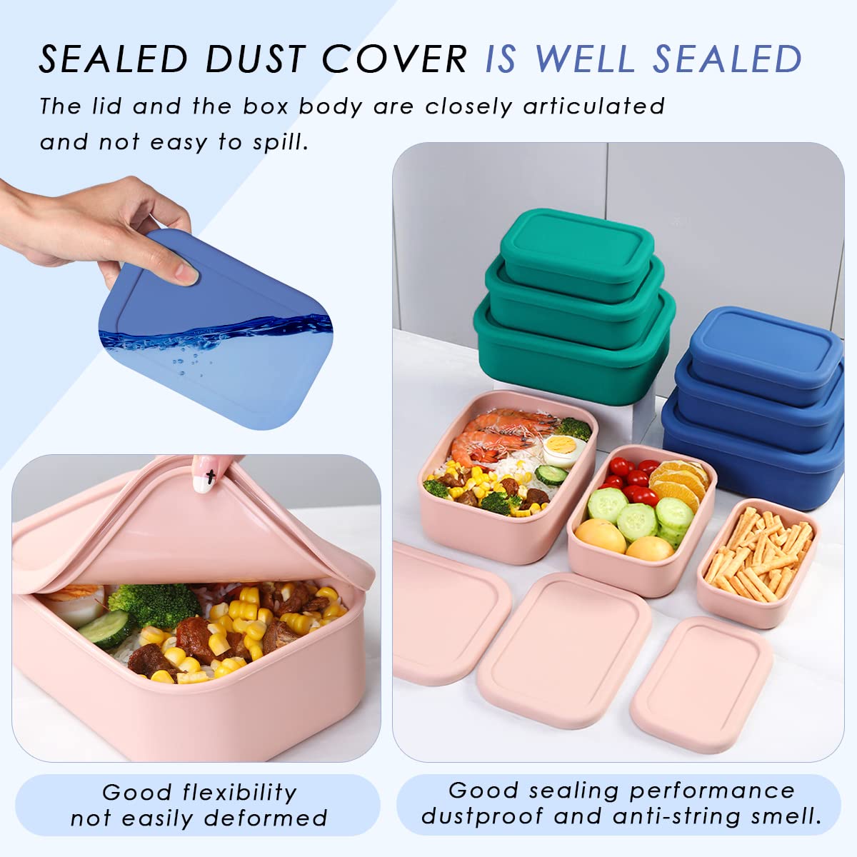 Keweis Silicone Food Storage Containers, Set Of 3 Silicone Bento Lunch Box Containers With Lids, Hard-Shell Silicone, Airtight,