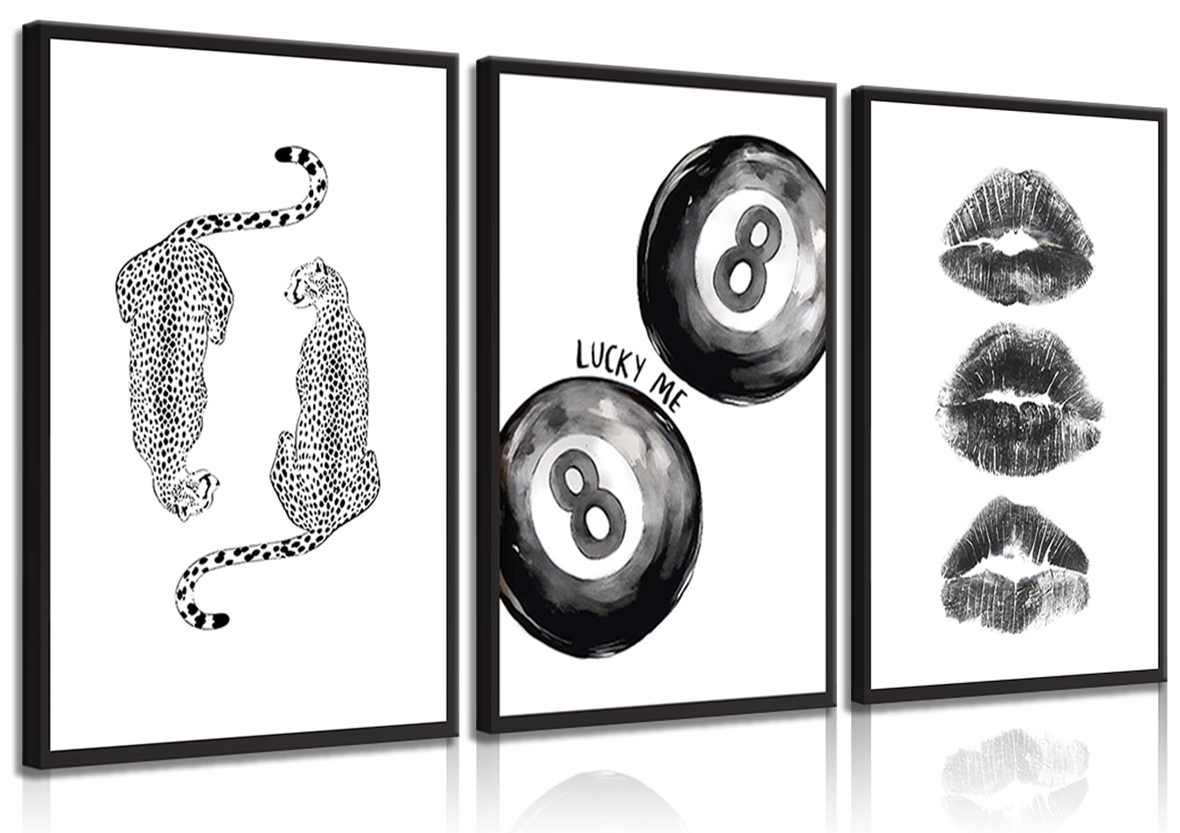 Bokpen Trendy Black And White Leopard Canvas Wall Art,Funky Y2K Lucky 8 Ball Posters,Retro Kiss Lips Print Picture,Cheetah Print