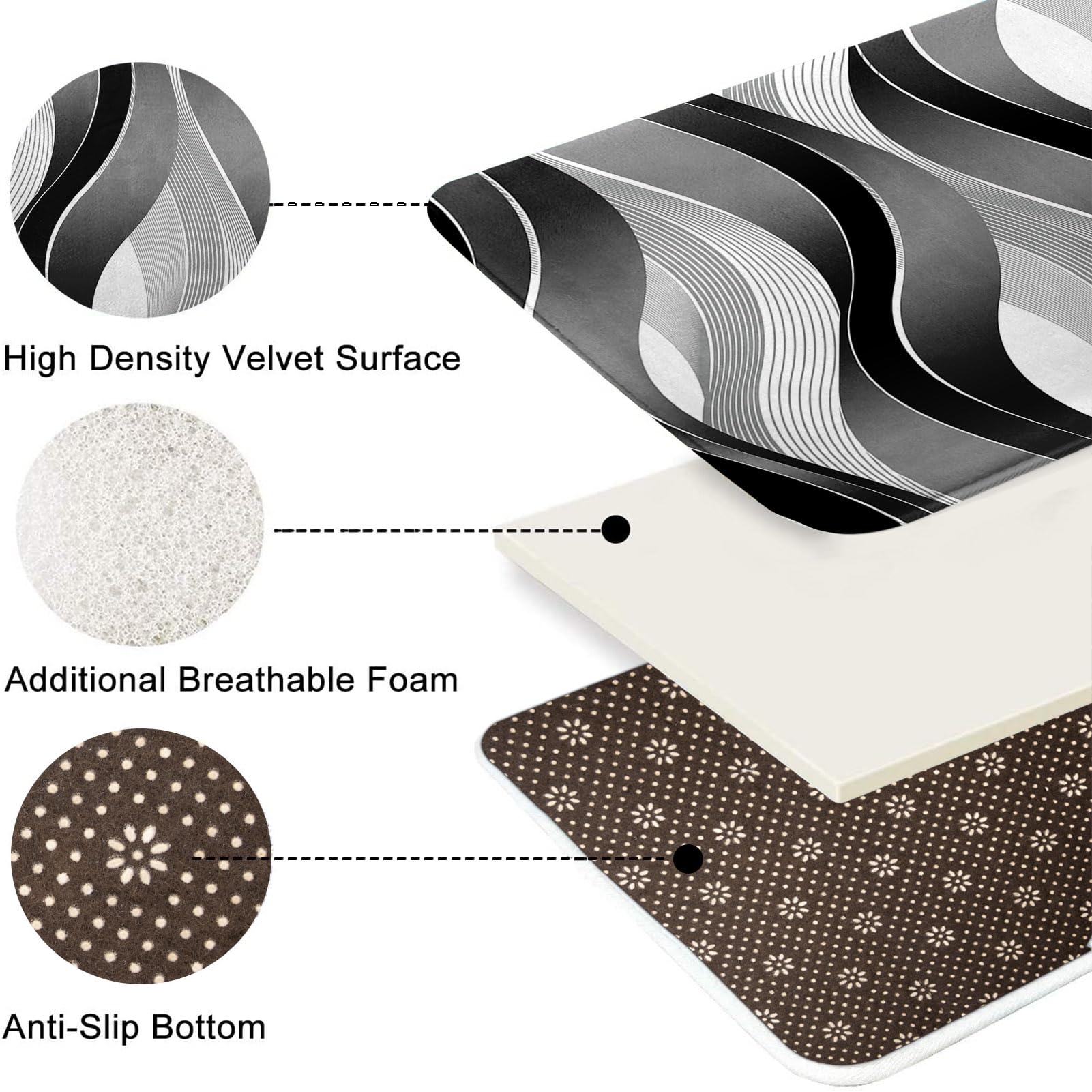 Tayney Grey Black Wavy Line Shower Curtain Set With Toilet Lid Cover And Non-Slip Rugs For Bathroom, Abstract Stripes 4 Pcs Show