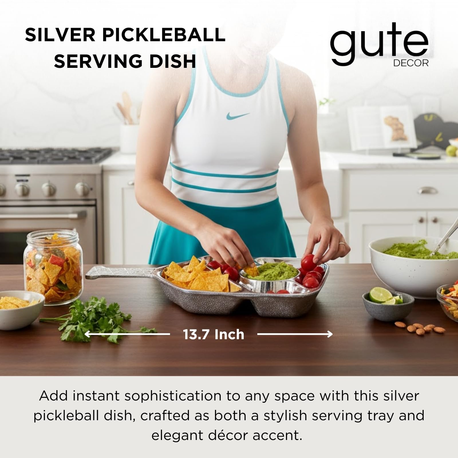 Silver Pickleball Serving Dish 13.7 Inch – Modern Decorative Tray with Heavy Polished Finish