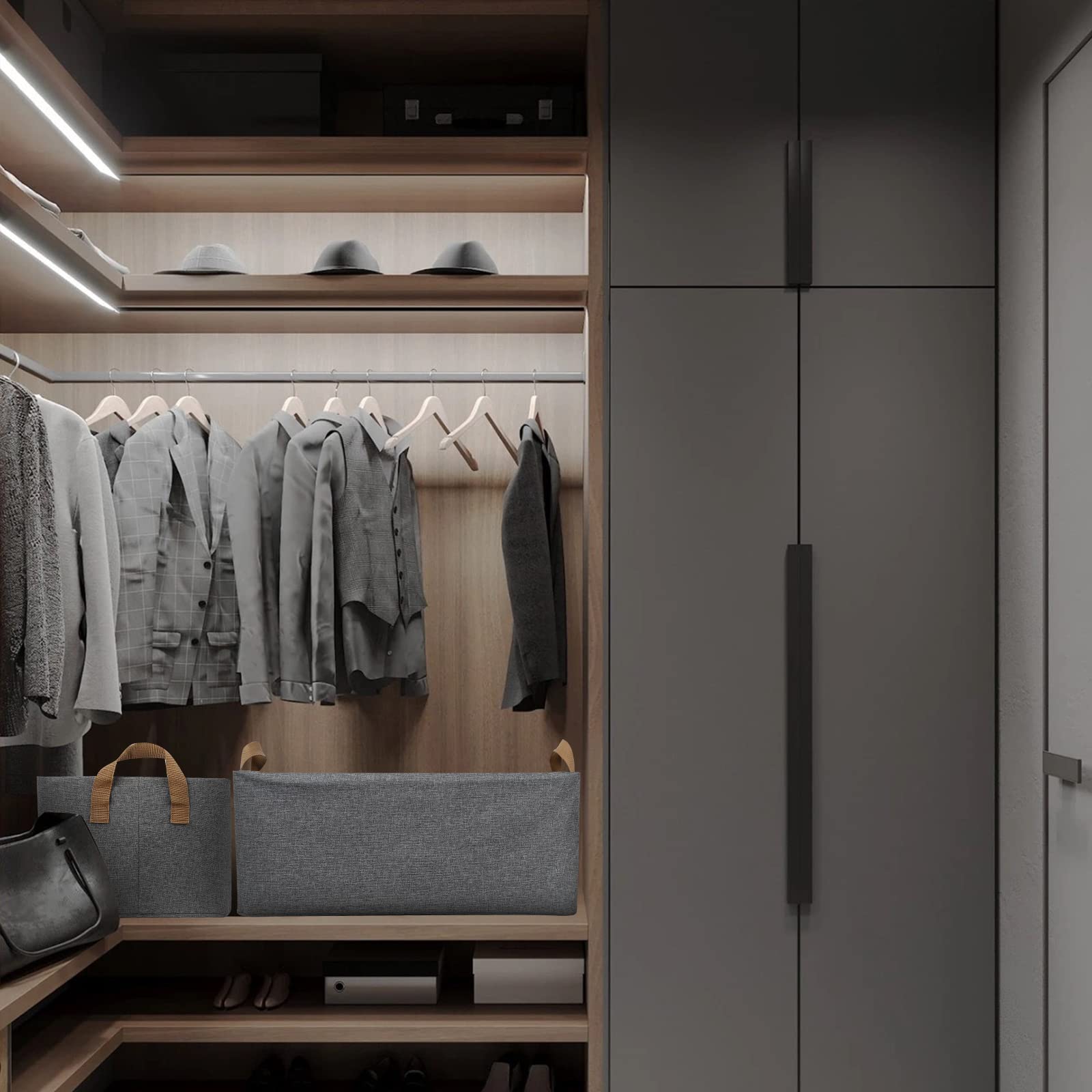 Dayard Fabric Storage Bins With Metal Frame, Large Storage Baskets For Closet Organizing, Rectangle 2-Pack, Grey