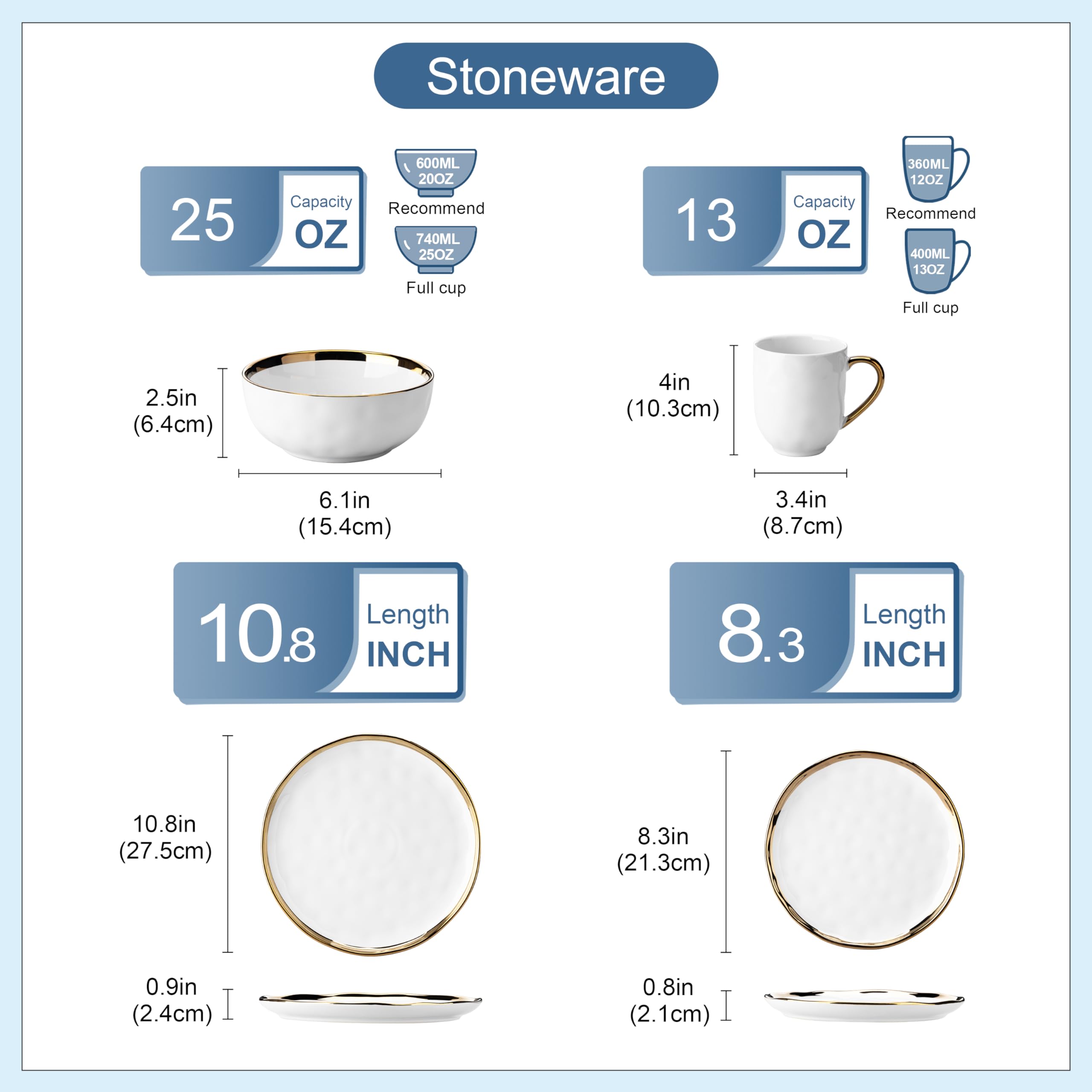 LOVECASA White and Gold Dinnerware Sets, Stoneware Dish Set for 4, 16 Piece Kitchen Plates and Bowls Sets, Handmade Dinner Set w