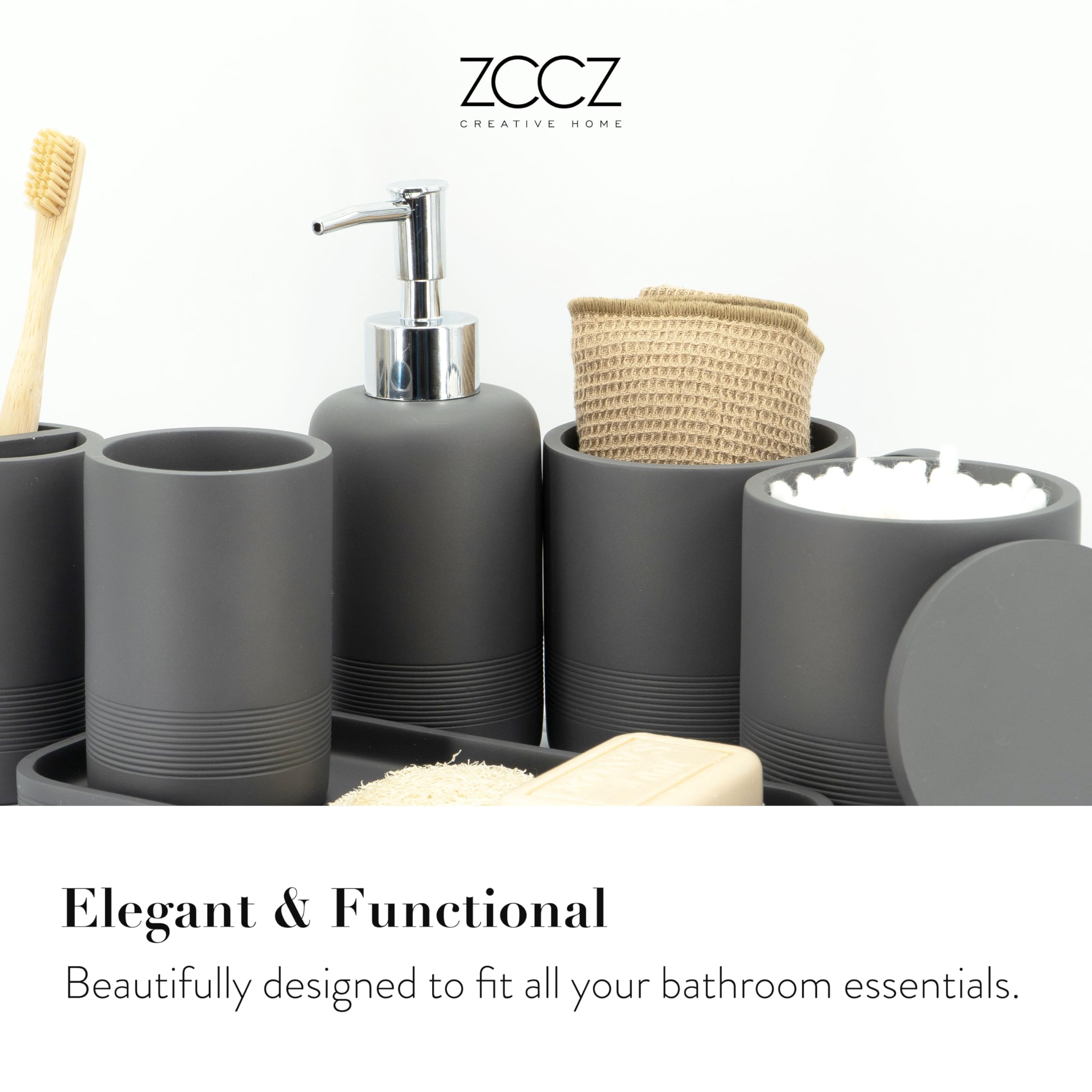 Zccz - Grey Bathroom Accessories Set 6 Pcs - Toothbrush Holder, Lotion Soap Dispenser, 2 Qtip Holder Dispenser, Vanity Tray, Bat