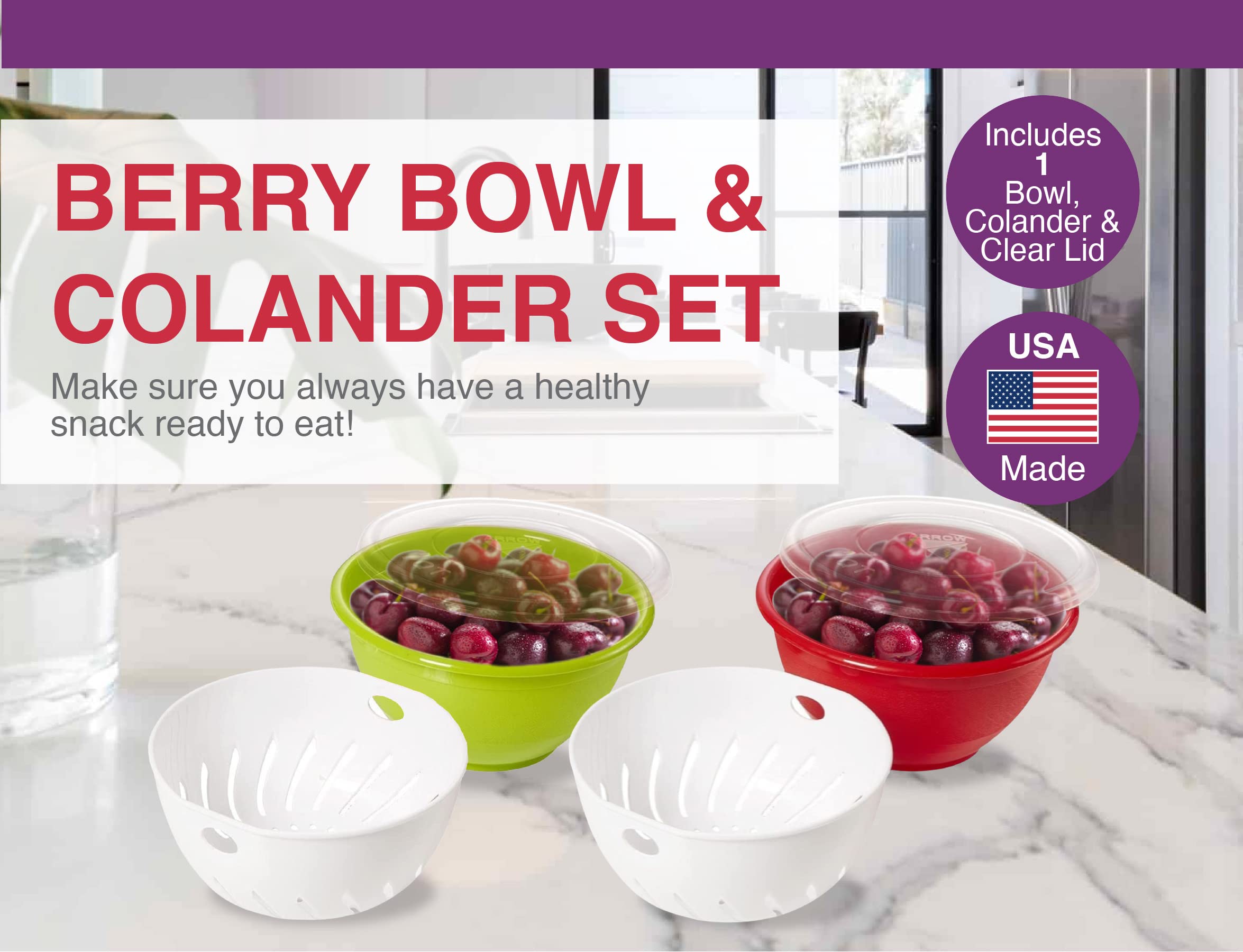 Arrow Home Products Berry Bowl & Berry Colander Set - Fruit Strainer Container With Lid, Rinse Store & Serve - Made In Usa, Dish