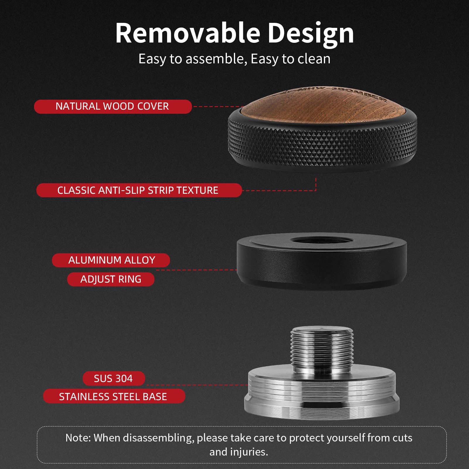 Mhw-3Bomber Espresso Coffee Distributor 51Mm, Espresso Distribution Tool With Wooden Lid, Adjustable Height Coffee Leveler With